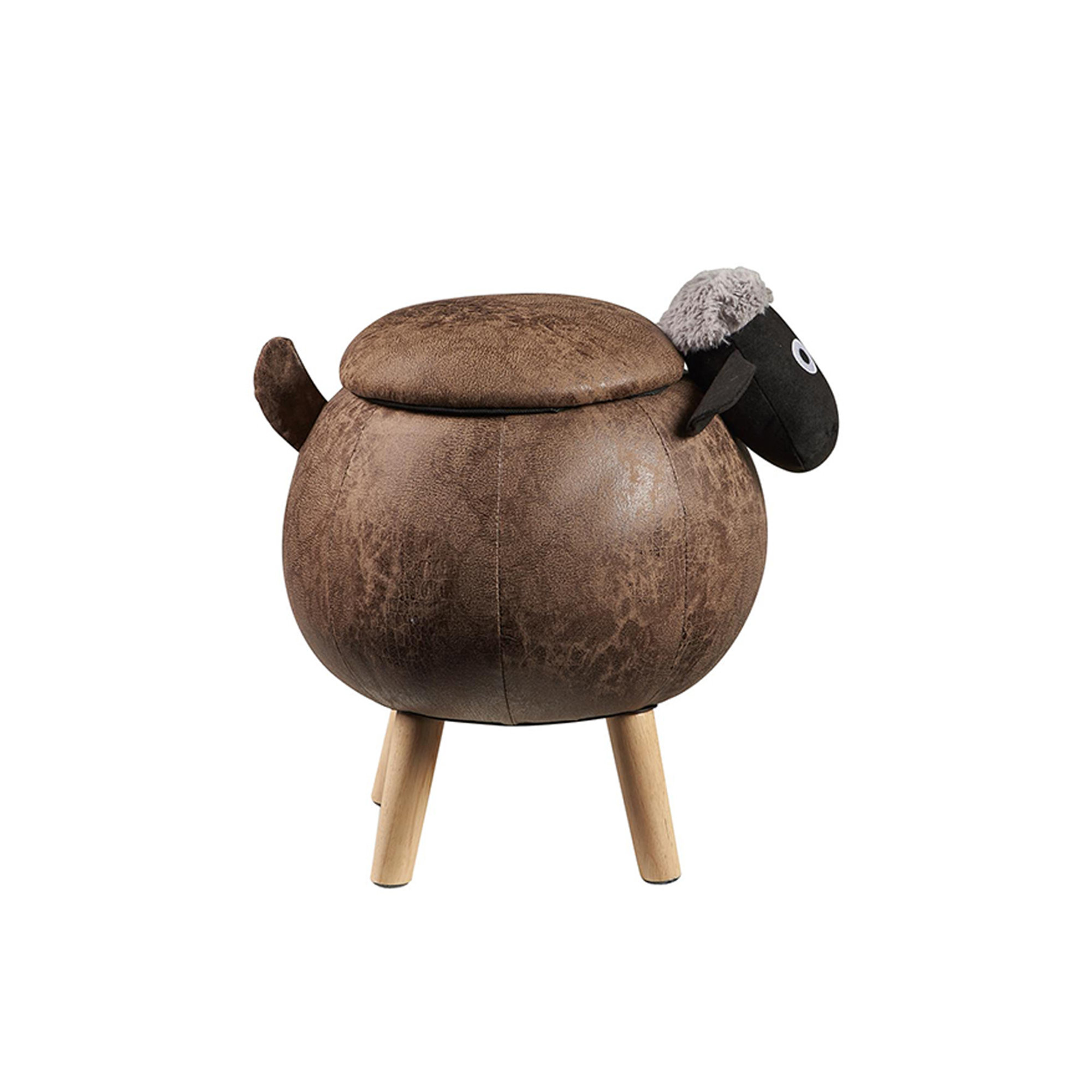 Pouf imbottito finta pelle,legno - pecorella con contenitore, grigio/nero Novità Home vista0