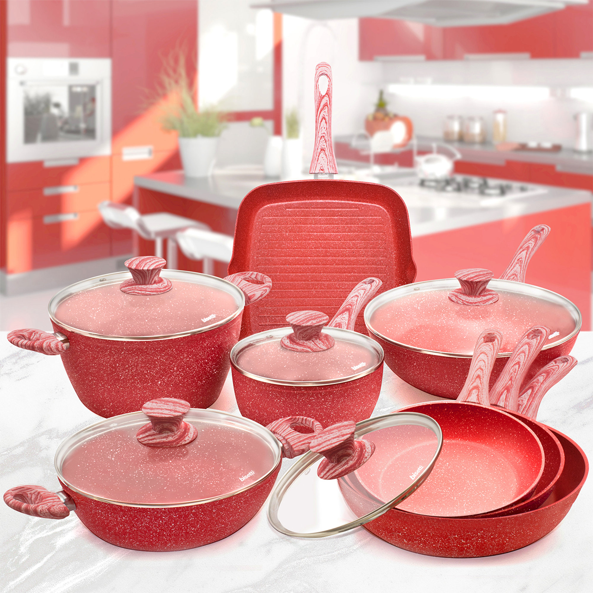 Batteria di pentole 13 pezzi 'Red Passion' con manici in legno venato rosso BISETTI pentole vista3