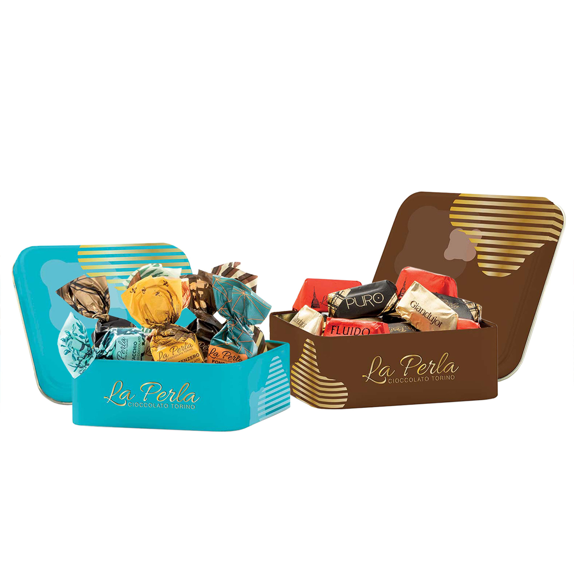 4 Confezioni in metallo - Tartufi di cioccolato e Giandujotti La Perla di Torino vista0