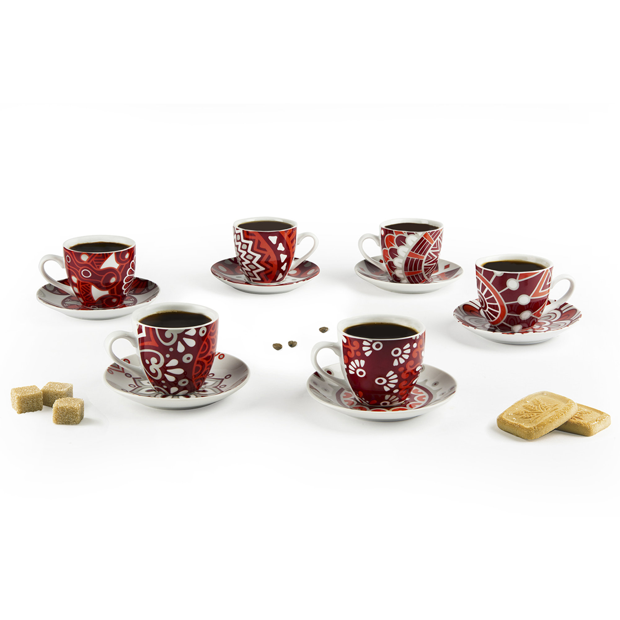 Servizio 6 tazzine caffè con piattino Mandala Red Tavola Mediterranea vista1