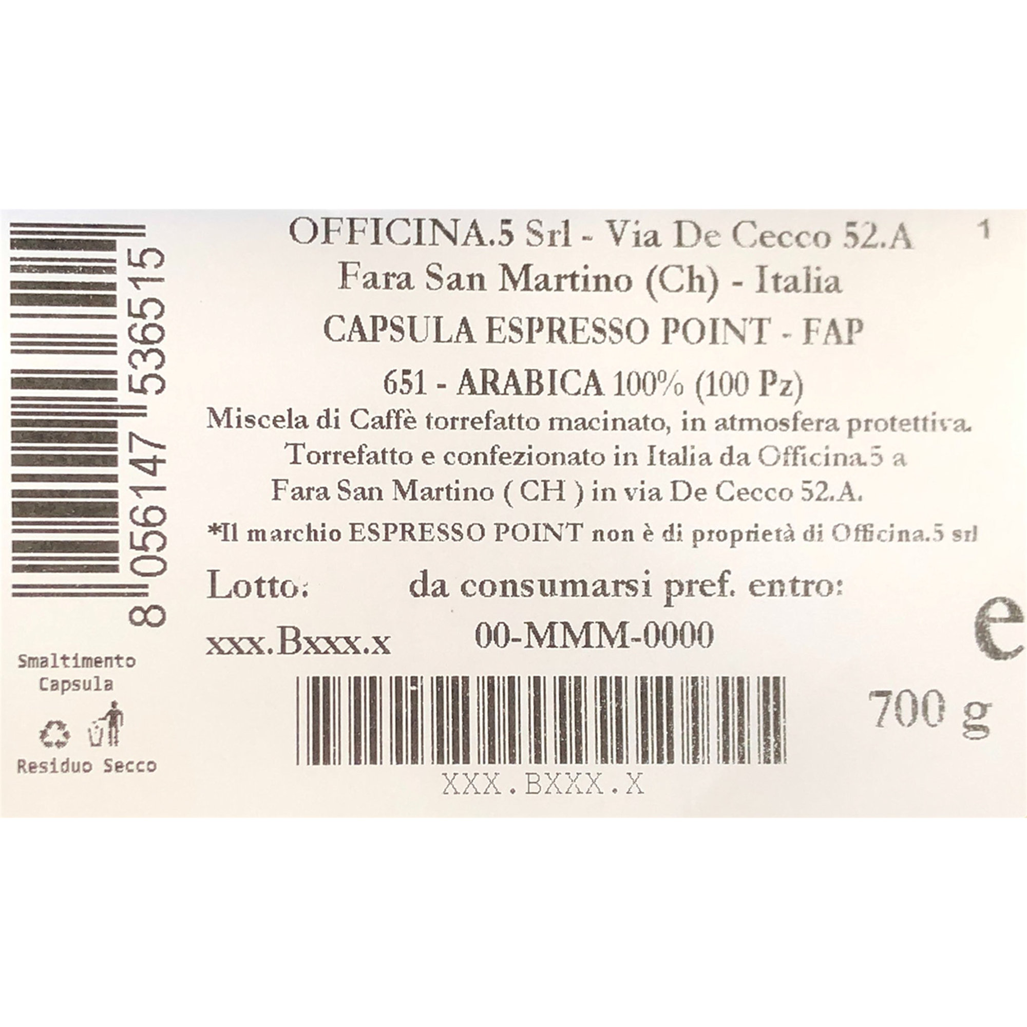 100 capsule - Compatibile Espresso Point "Arabica 100%" Officina 5 Caffè vista1