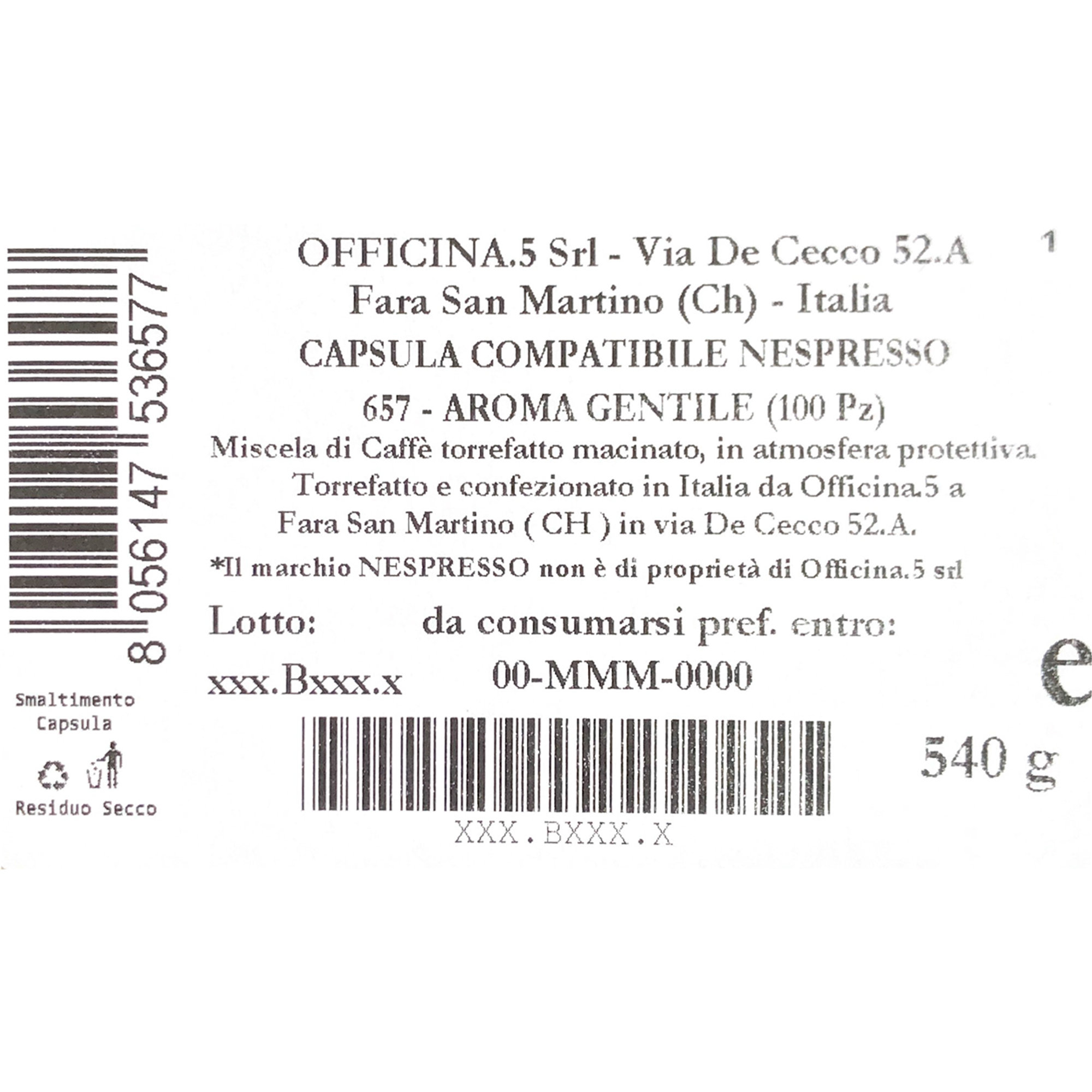 100 kapslar - Kompatibel med Nespresso "Aroma Gentile" Officina 5 Caffè vista1