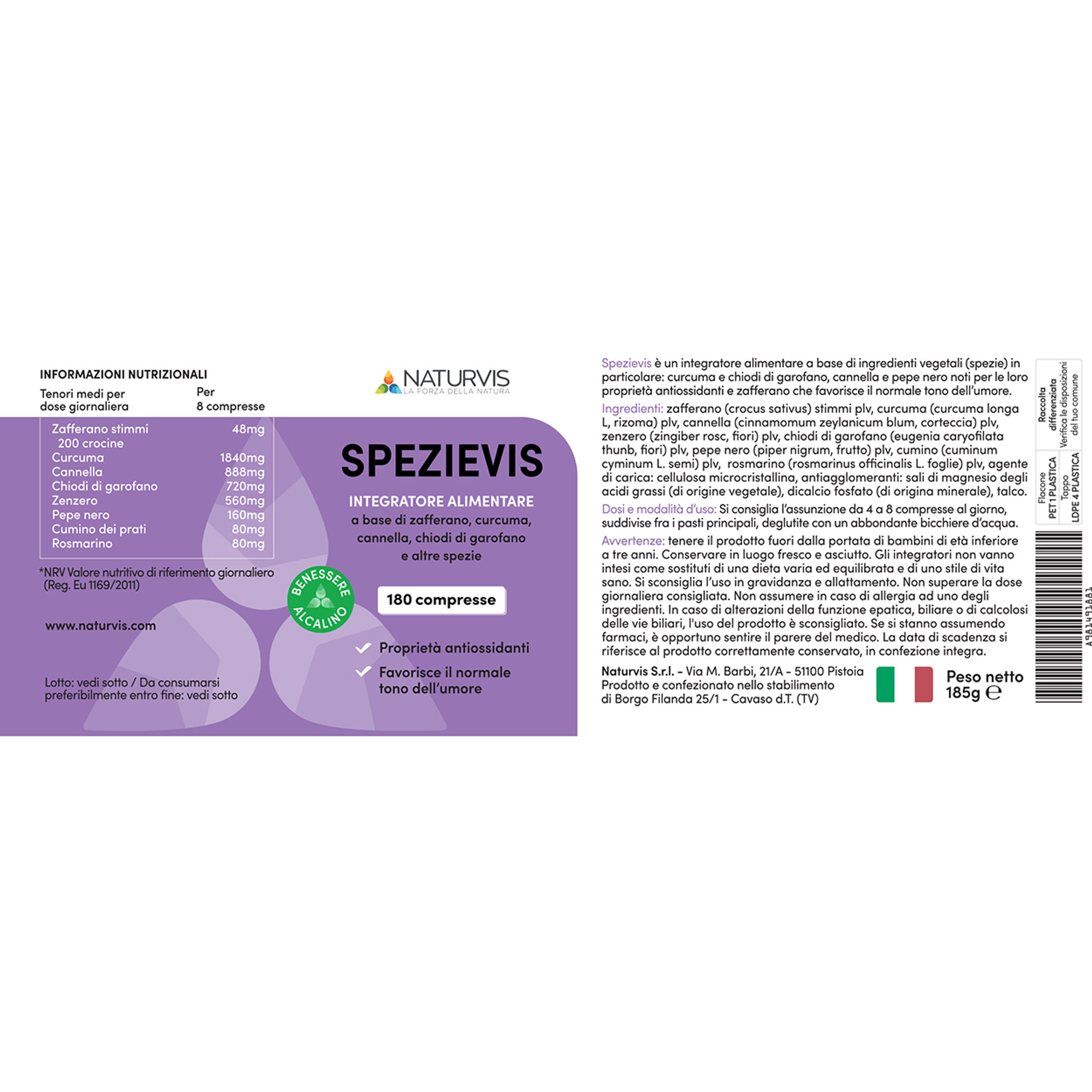 2 confezioni - "Spezievis 180 cpr" Integratore antiossidante a base di zafferano, curcuma, cannella, e altre spezie Naturvis vista1