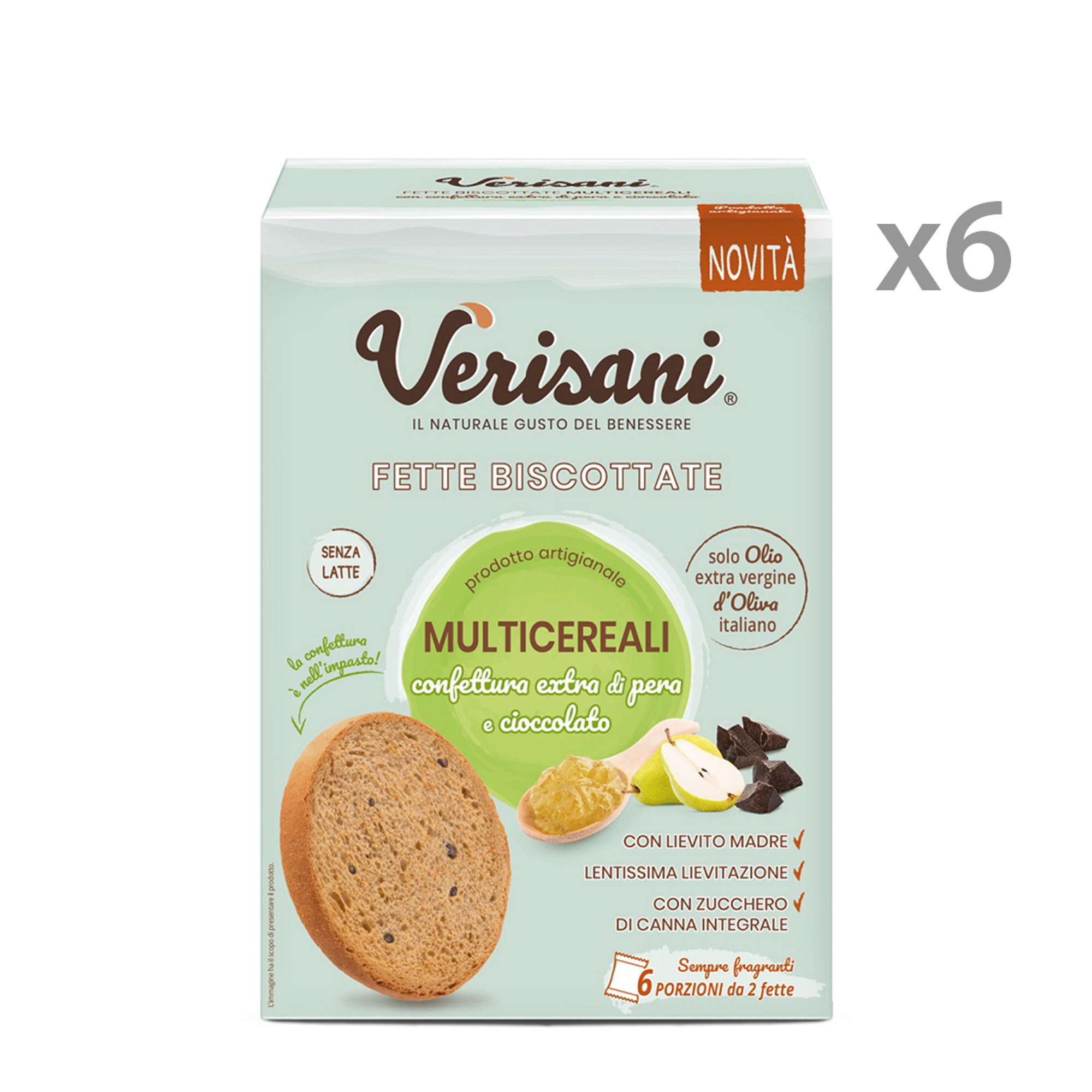 6 confezioni da 200 gr - Fette Multicereale Gocce di Cioccolato e Pere Verisani vista0