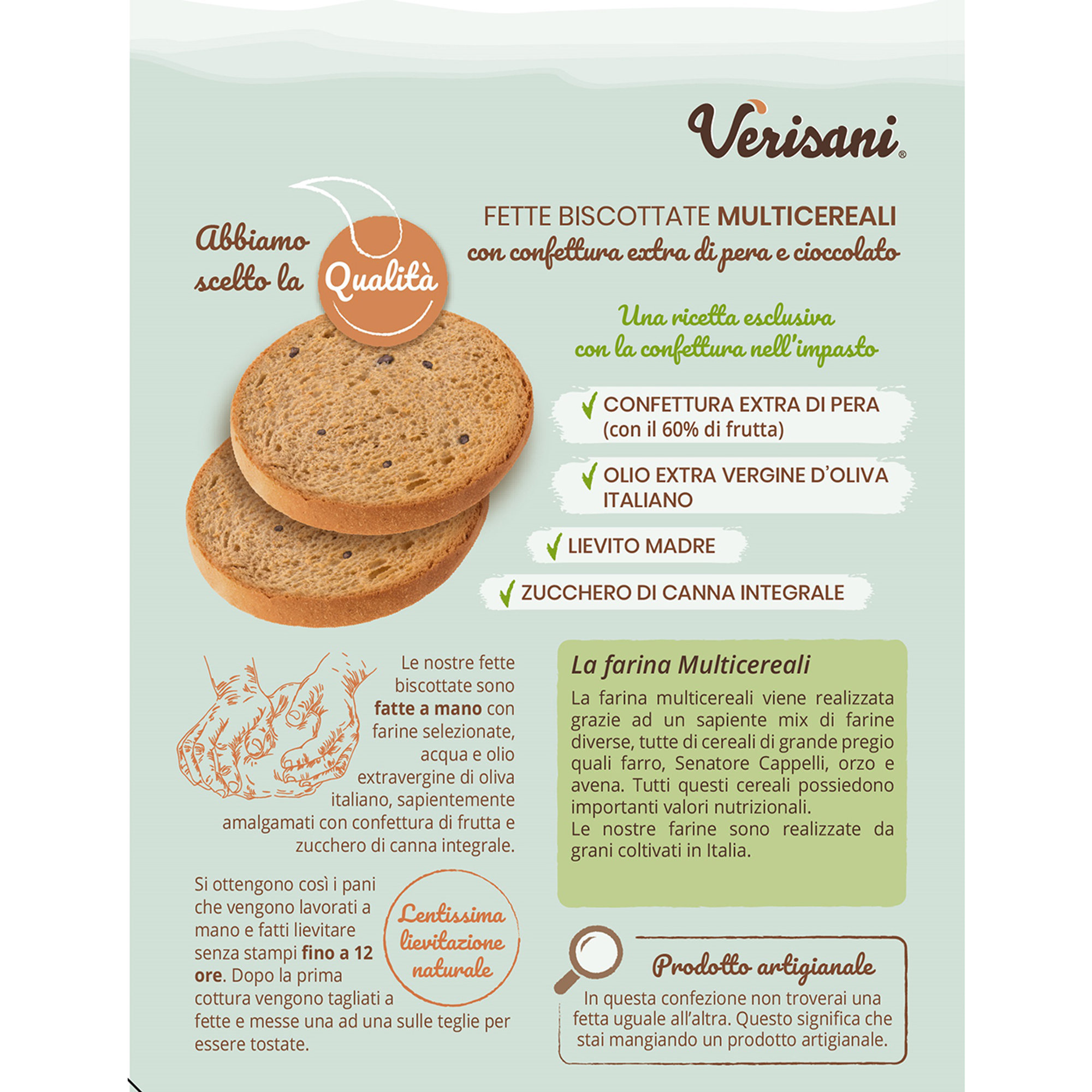 6 Confezioni 200 gr Mix Fette "Tutto Fibre": 2 Integrali e Mirtilli - 2 Multicereale Gocce di Cioccolato e Pera - 2 Senatore Cappelli Cioccolato e Arancia Verisani vista3
