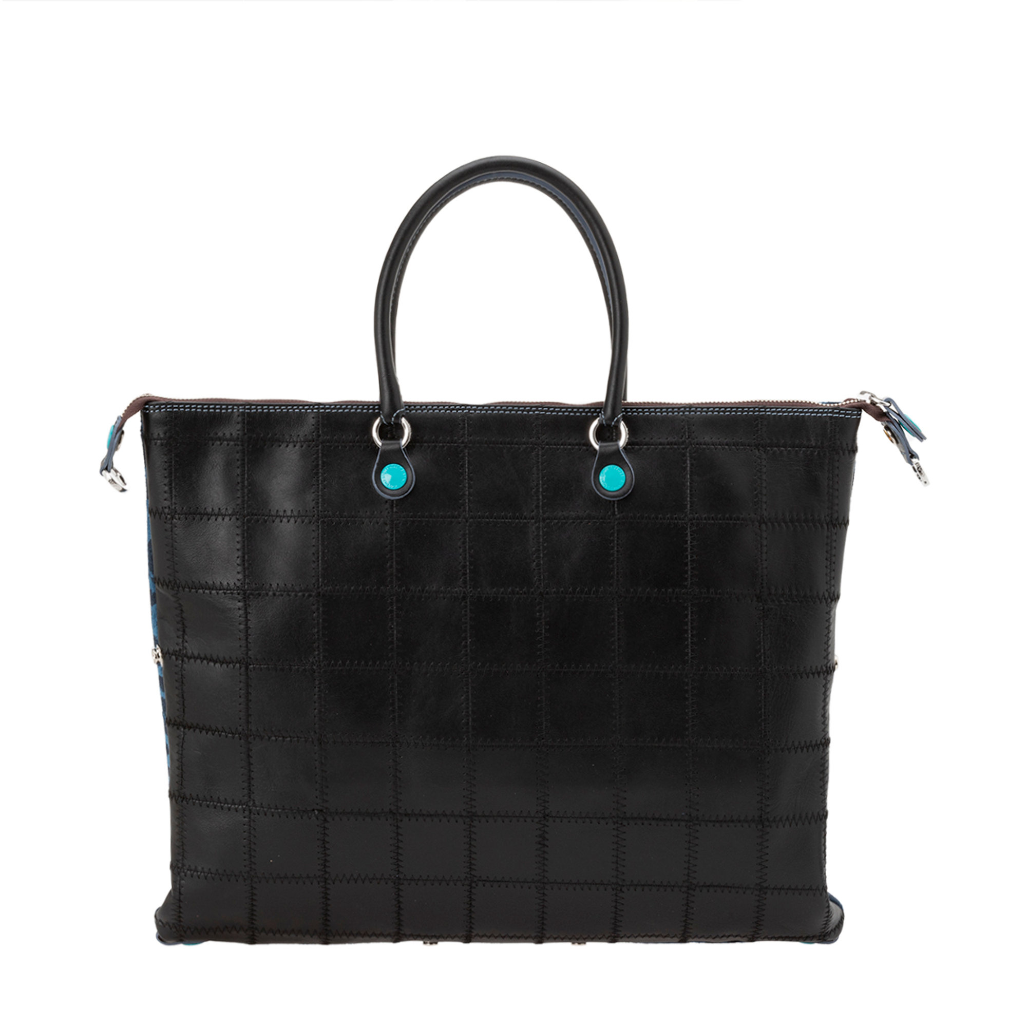 Shopping bag in pelle nero cucito a quadri con manici Gabs vista3