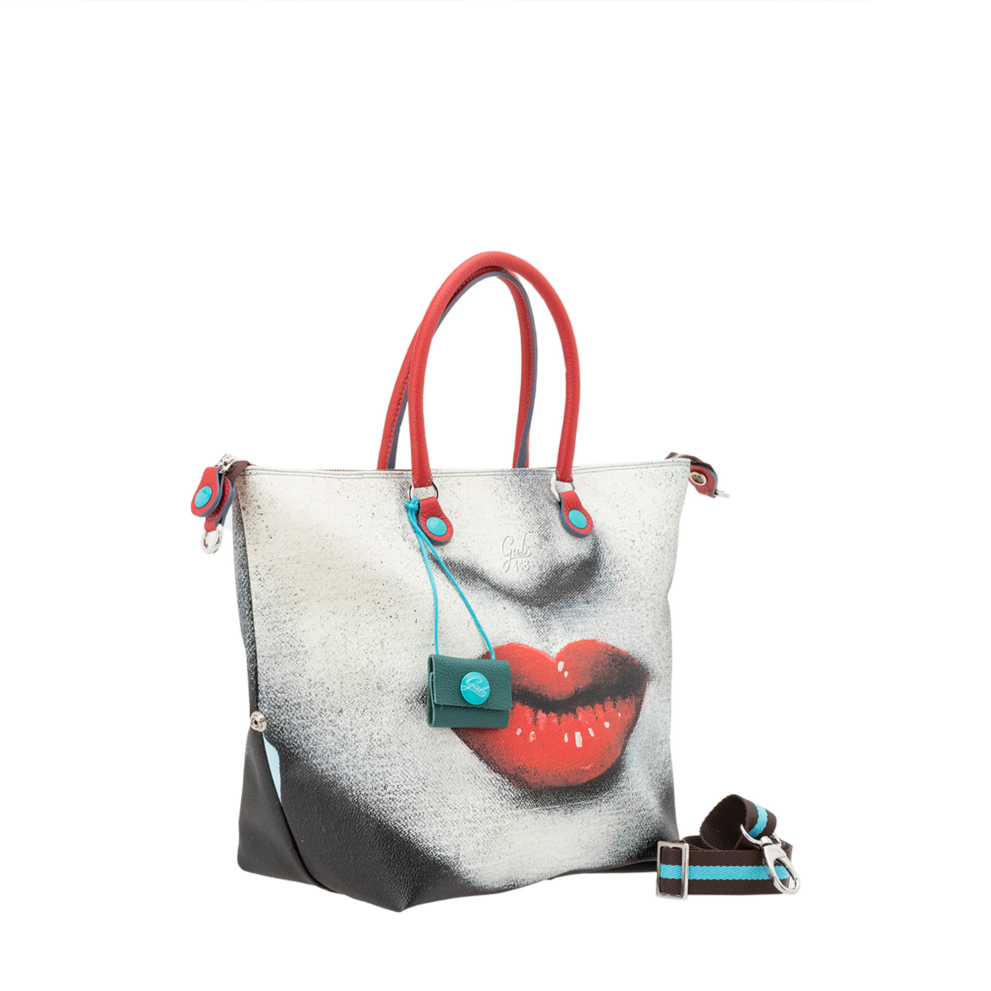 Shopping bag trasformabile G43 in pelle con disegno bocca rossa Gabs vista3