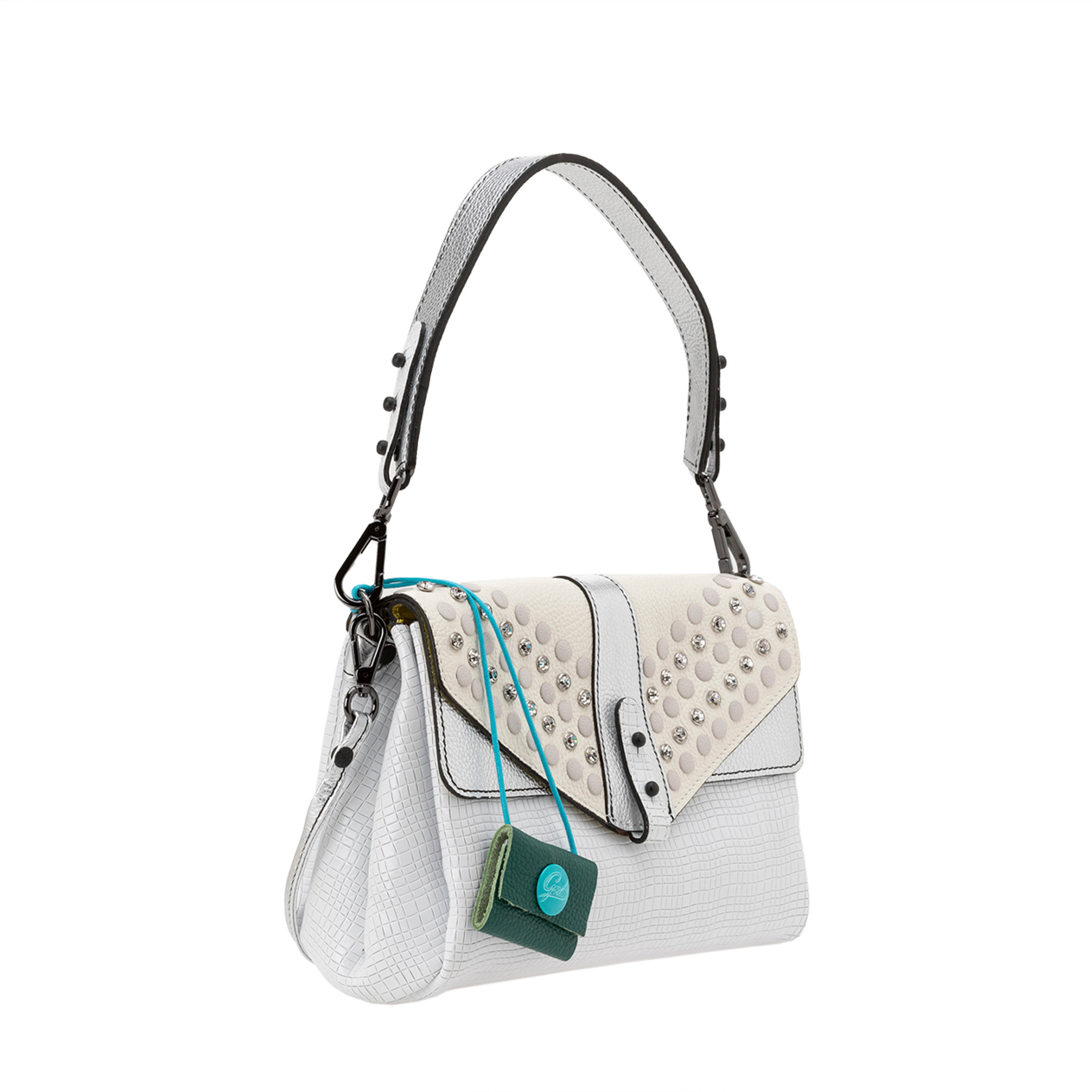 Borsa a spalla Claudia in pelle bianca con patta laminata e strass Gabs vista1