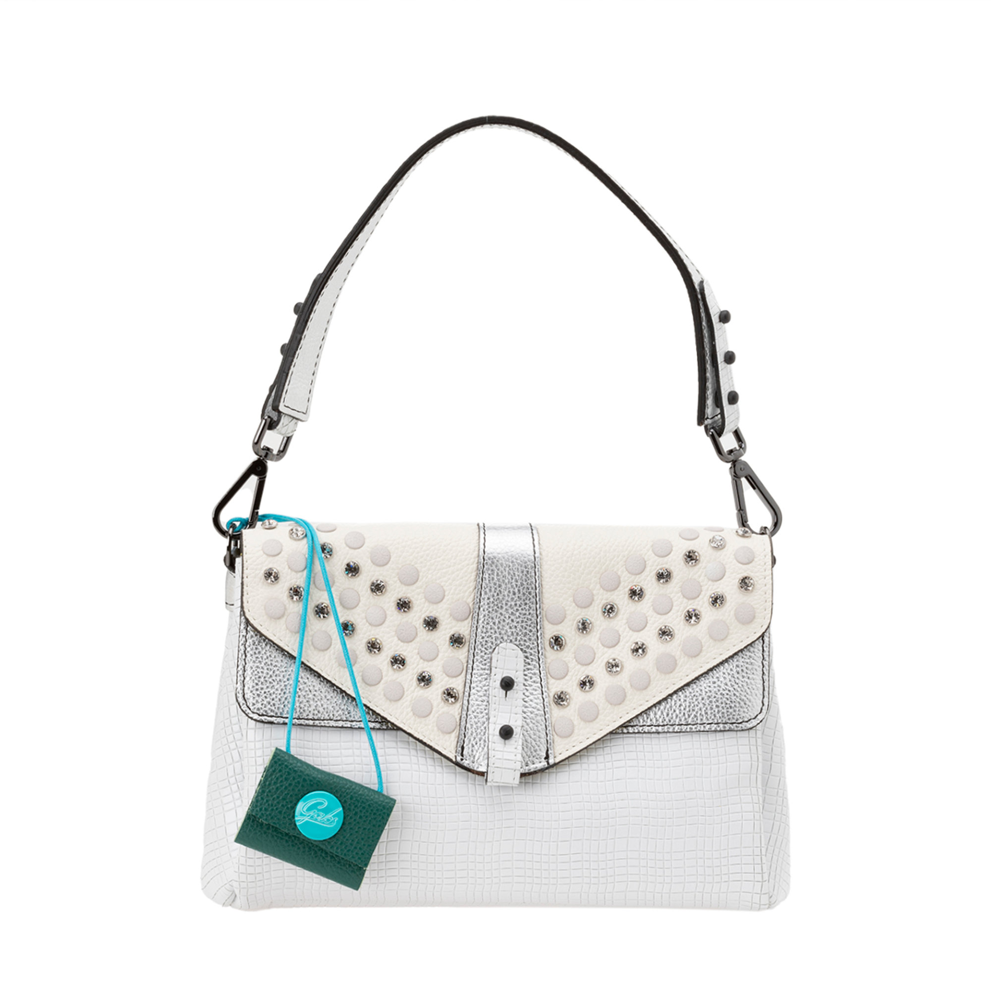 Borsa a spalla Claudia in pelle bianca con patta laminata e strass Gabs vista0