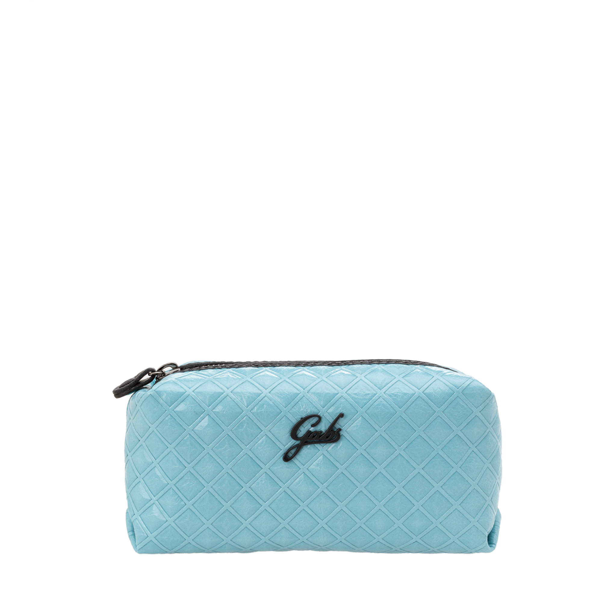 Beauty case in pelle azzurra simil intrecciata con zip Gabs vista0