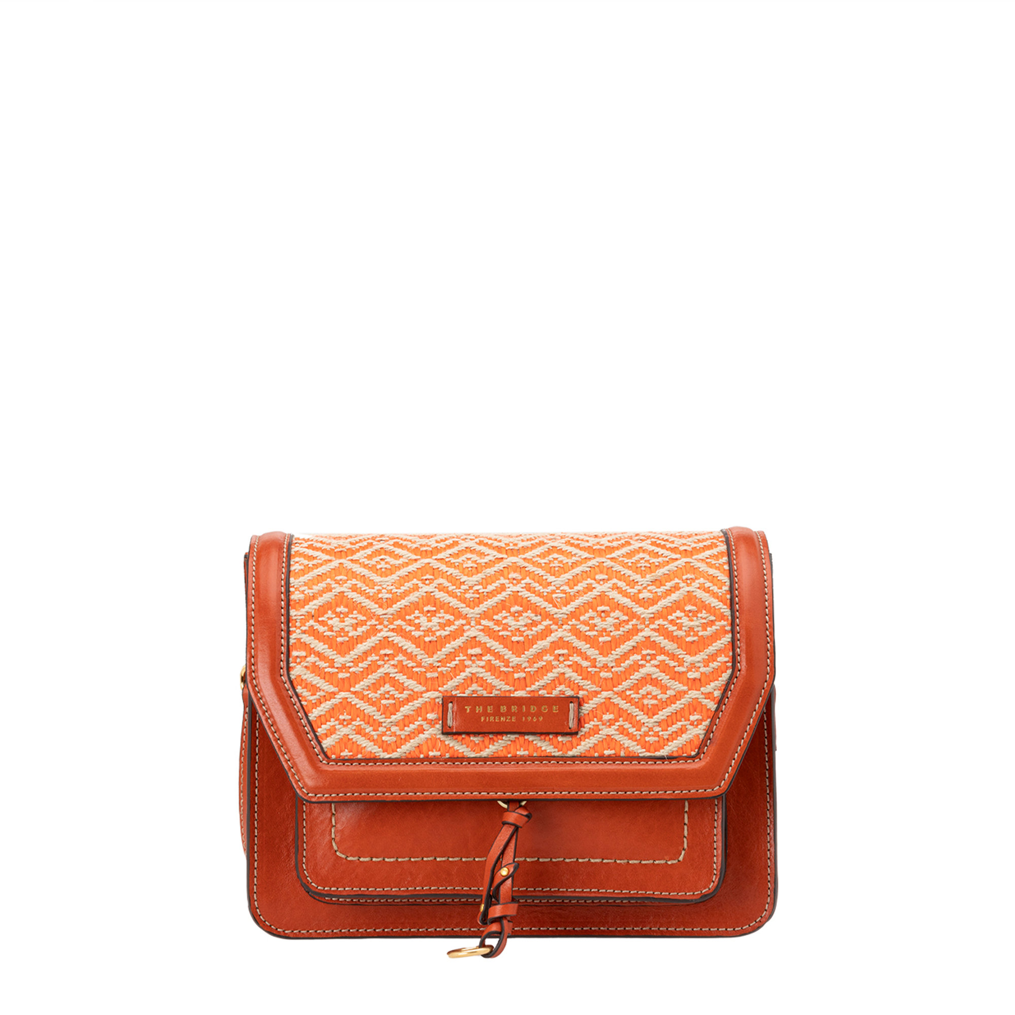 The Bridge tracolla in pelle marrone con patta multicolor in tessuto intrecciato arancio e naturale The Bridge vista0