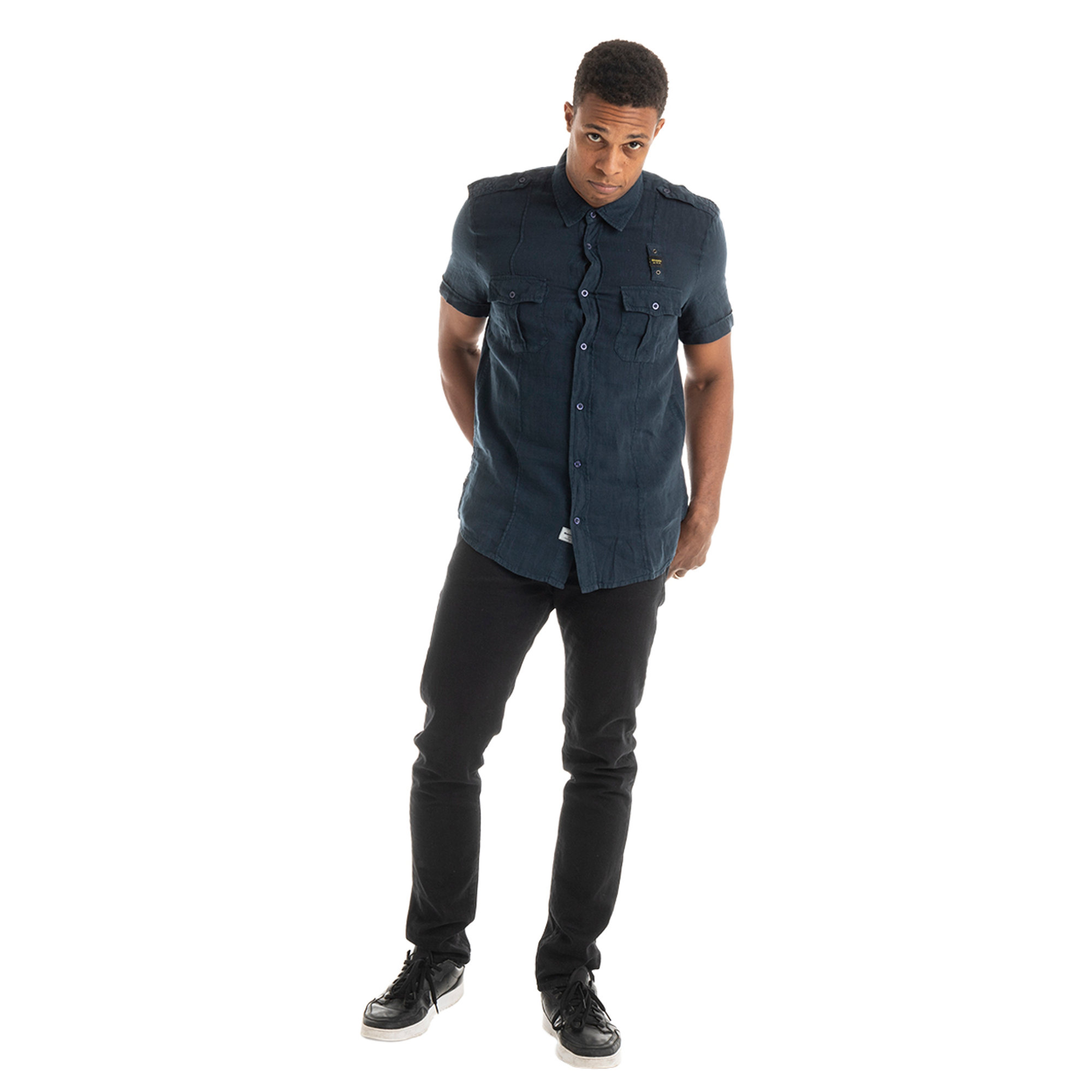 Camicia a maniche corte in lino blu navy Blauer vista1