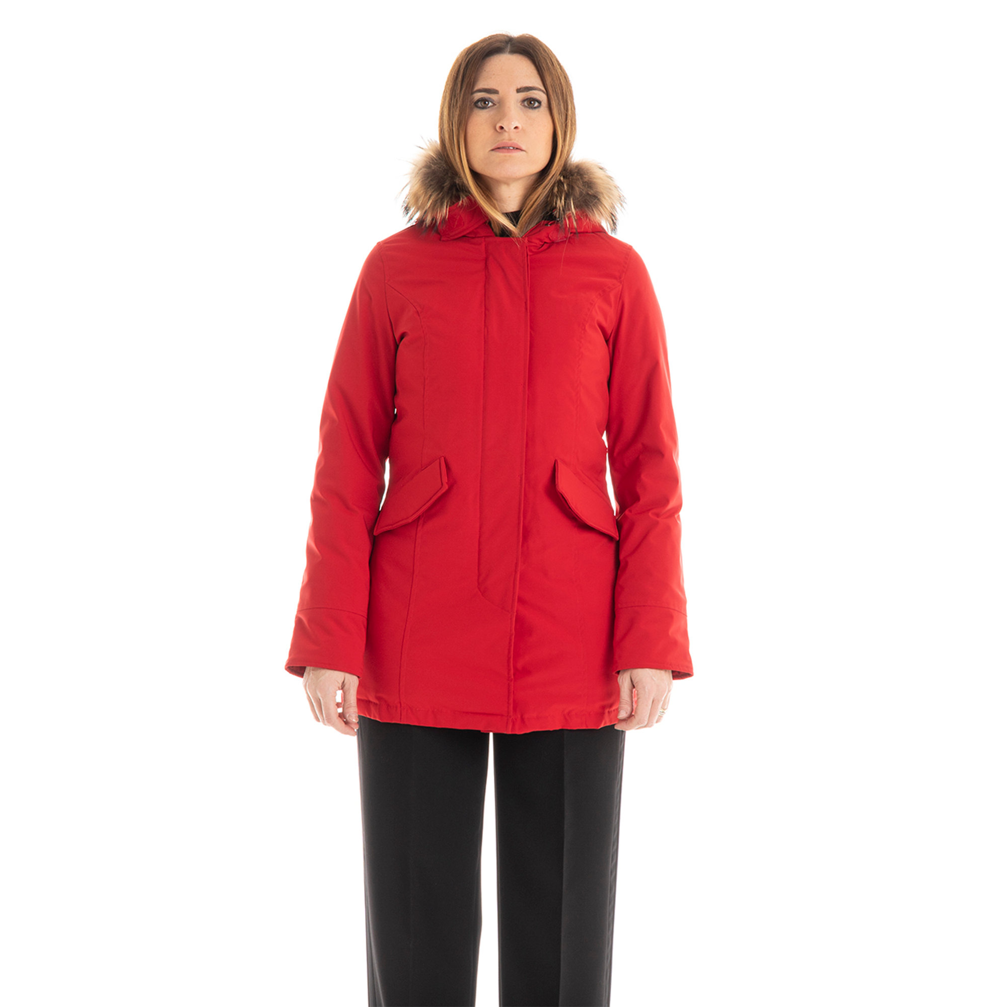 Giacca Fundy Bay con cappuccio bordato da pelliccia rosso Canadian vista0