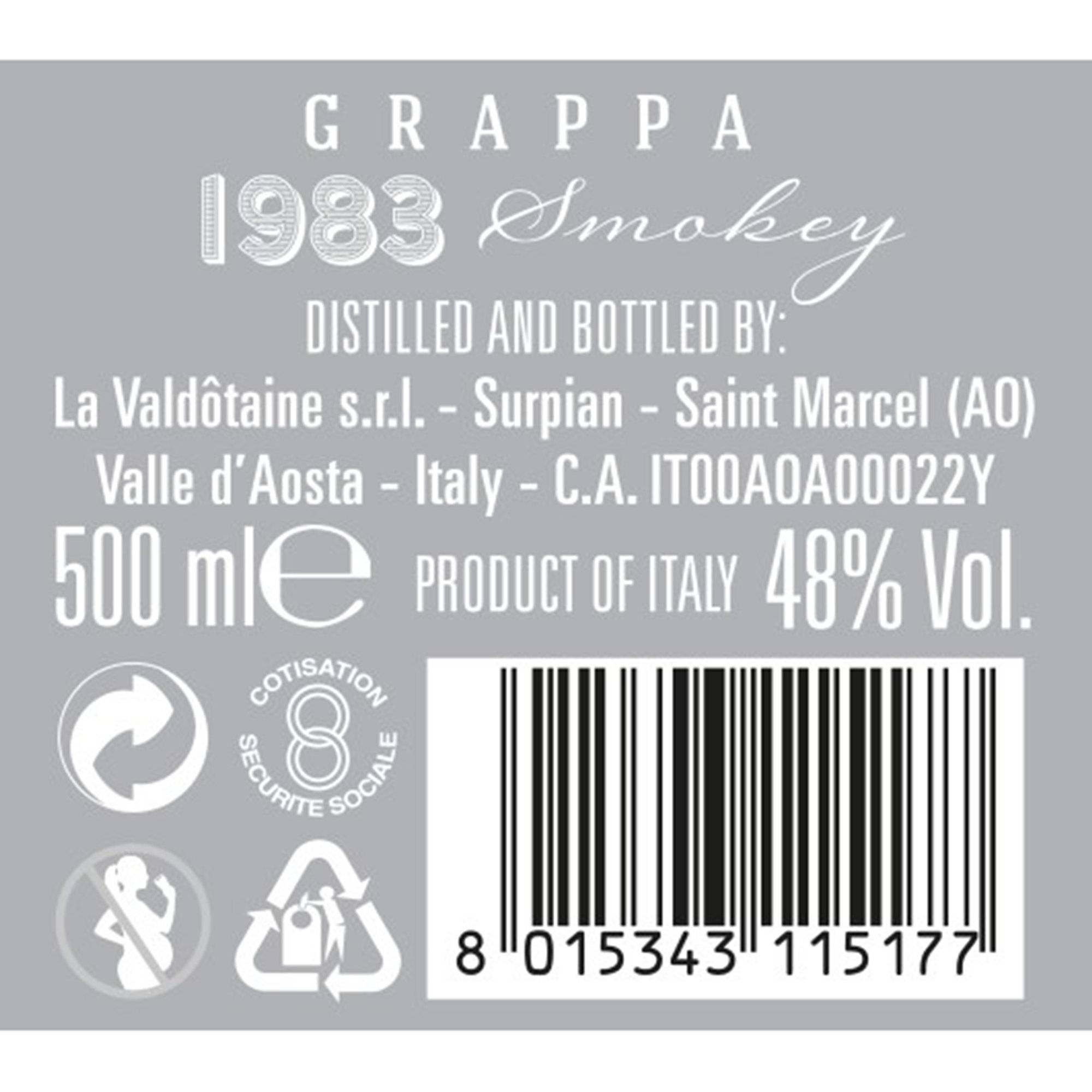 1 bottiglia - Grappa "1983" Smokey 500 ml con confezione regalo La Valdotaine vista2
