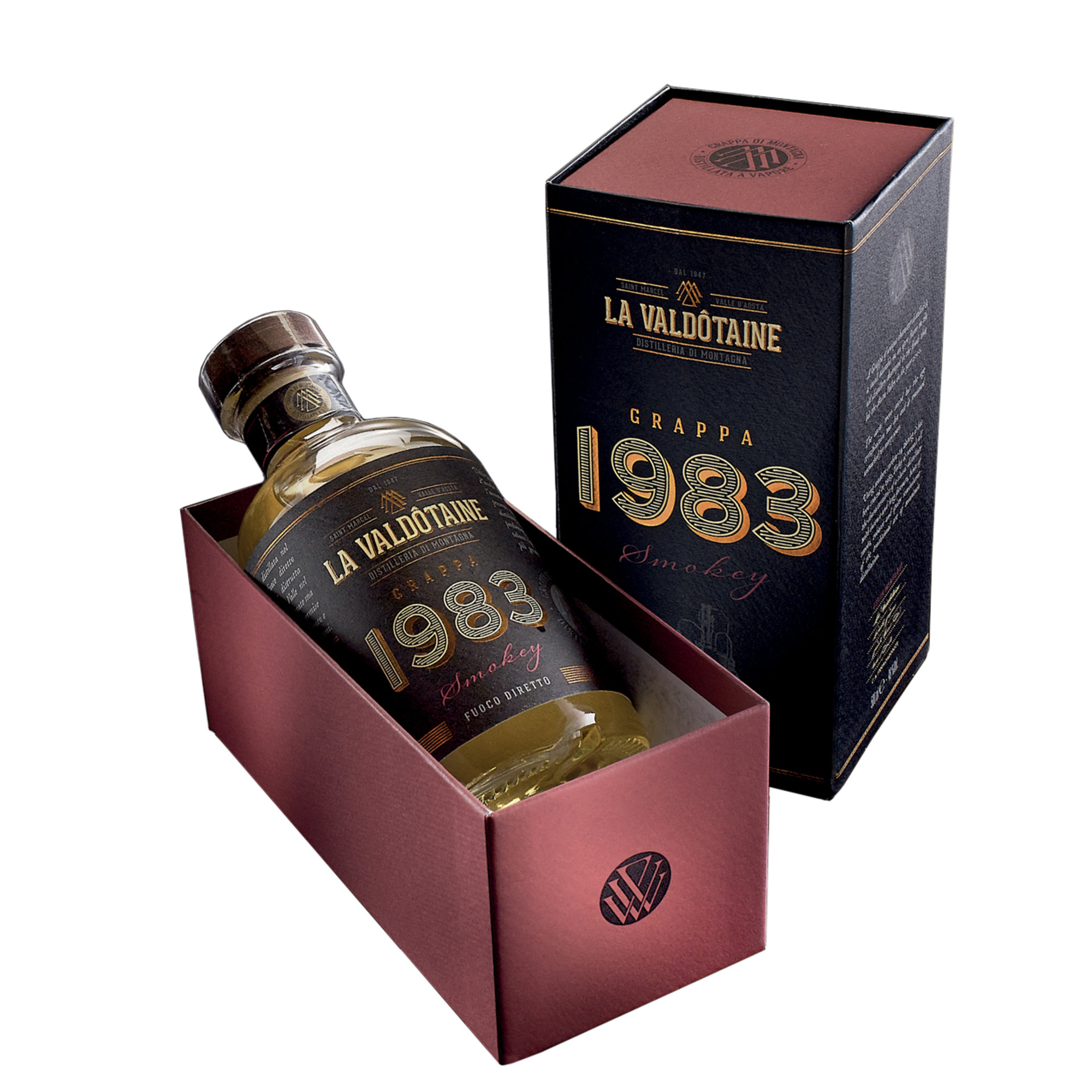 1 bottiglia - Grappa "1983" Smokey 500 ml con confezione regalo La Valdotaine vista1