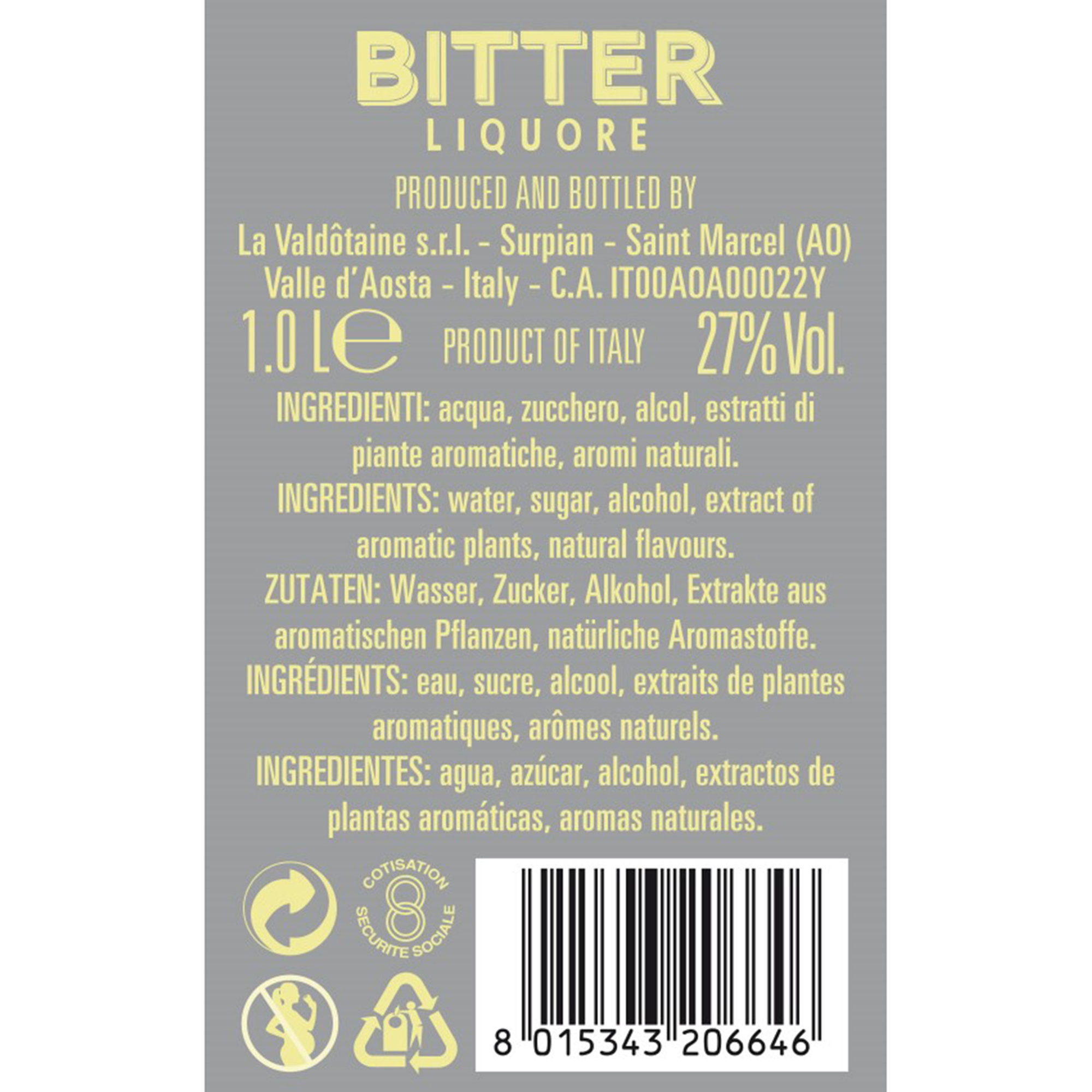 1 flaske - "Bitter" Håndlavet Aperitif 1 l med emballage La Valdotaine vista1