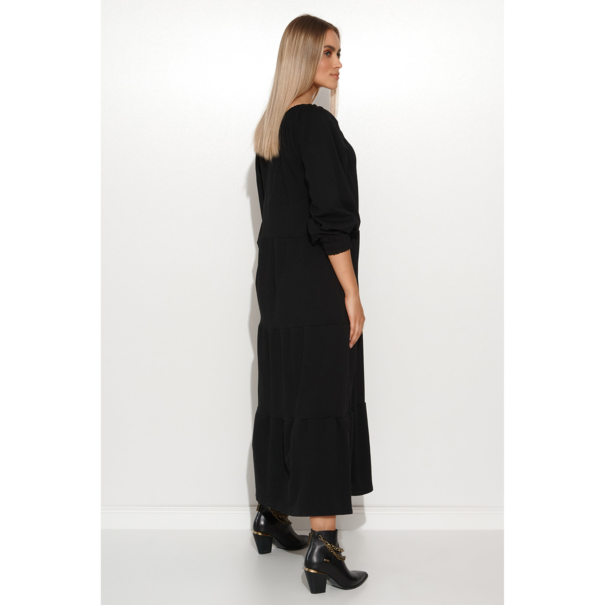 Vestito lungo con maniche a sbuffo nero Makadamia vista1
