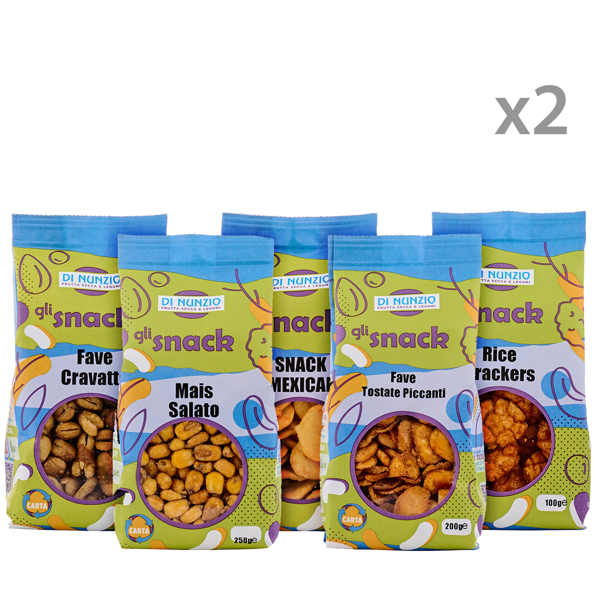 10 paquetes surtidos de aperitivos: 2 habas de diciembre fritas saladas 250 gr corbata - 2 aperitivos mexicanos 100 gr - 2 galletas de arroz 100 gr - 2 macarrones salados estándar. 250 gr - 2 habas tostadas picantes sin cáscara 200 gr Di Nunzio vista0