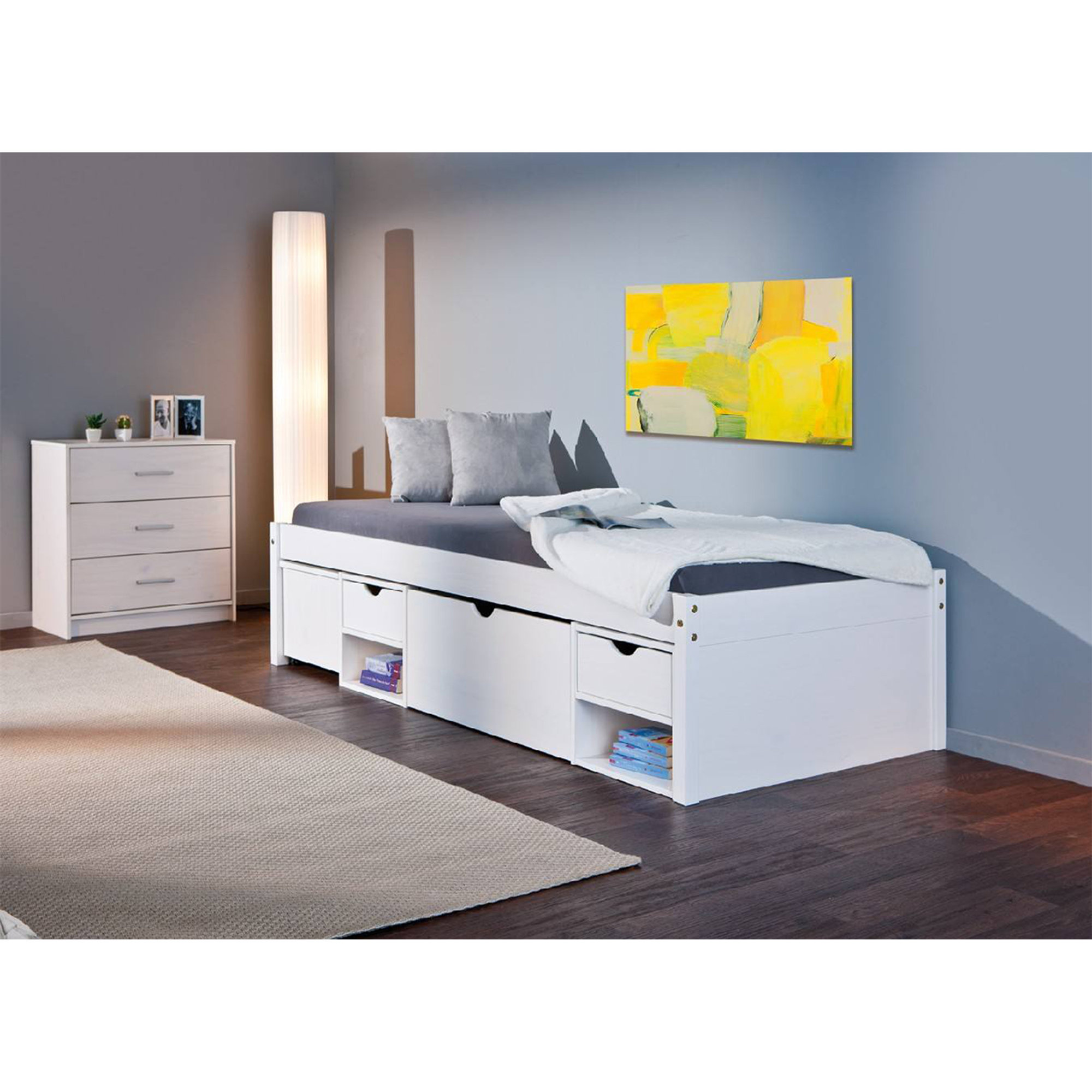 Letto con vani contenitore e comodino c/ruote incluso in pino massello verniciato ad acqua bianco Saldi invernali vista2