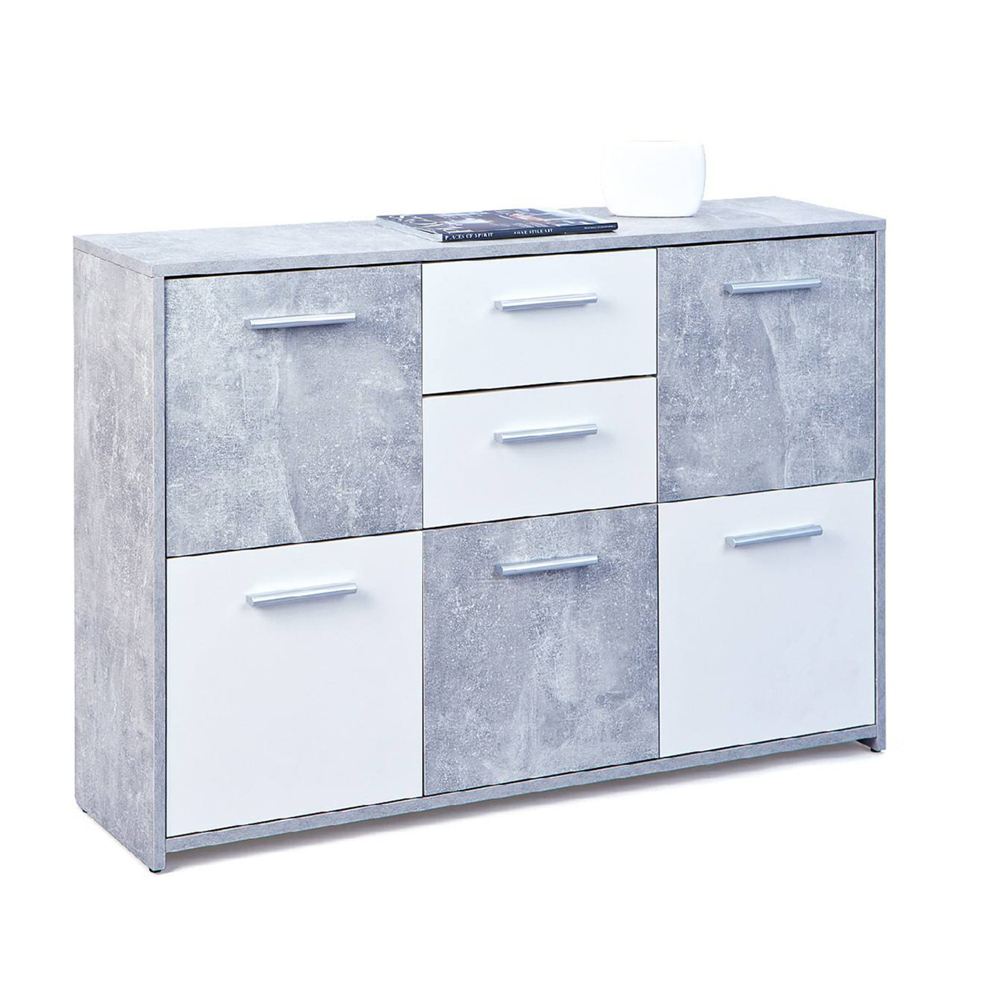 Credenza a cinque ante e due cassetti nella parte centrale, colore bianco e cemento, Misure 115 x 77 x 30 cm Saldi invernali vista1