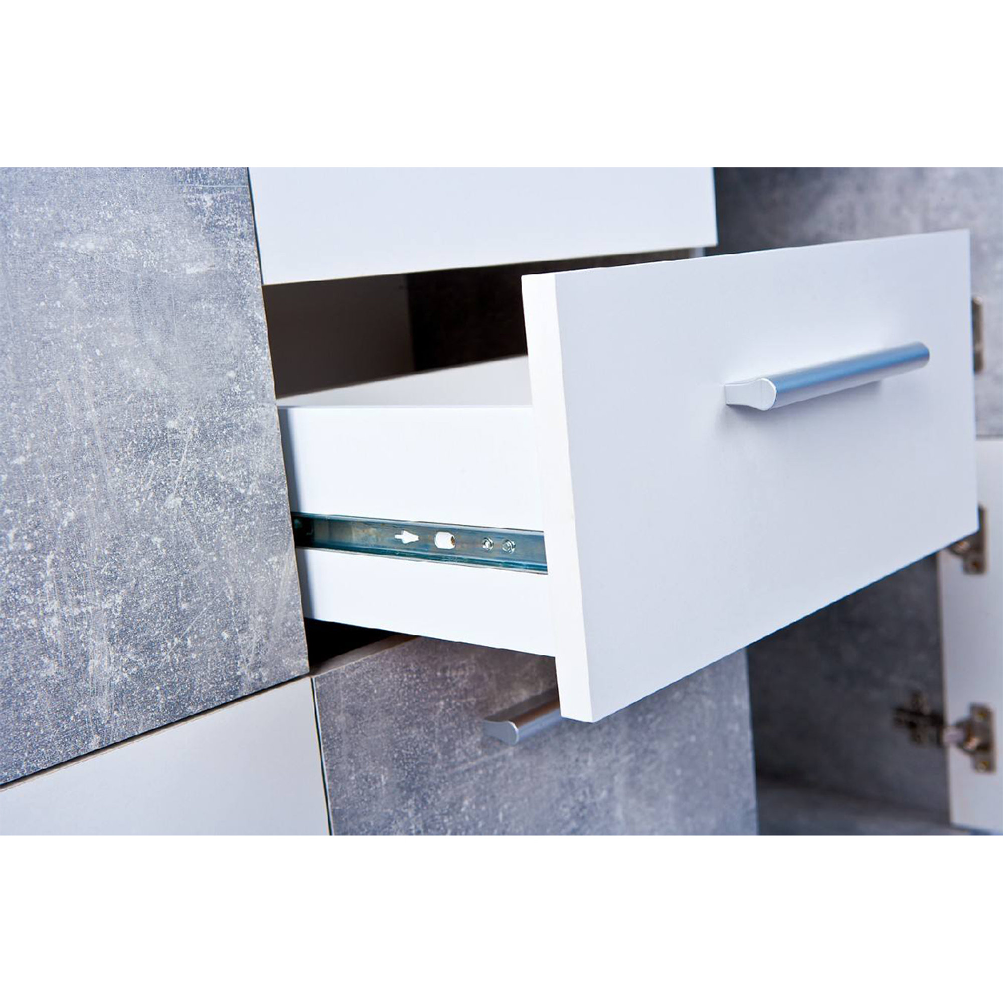 Credenza a cinque ante e due cassetti nella parte centrale, colore bianco e cemento, Misure 115 x 77 x 30 cm Saldi invernali vista4