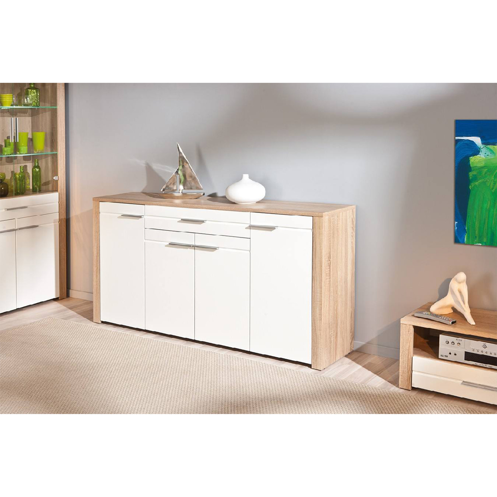 Credenza a quattro ante e un cassetto, colore bianco e rovere, cm 176 x 89 x 40 Saldi invernali vista1
