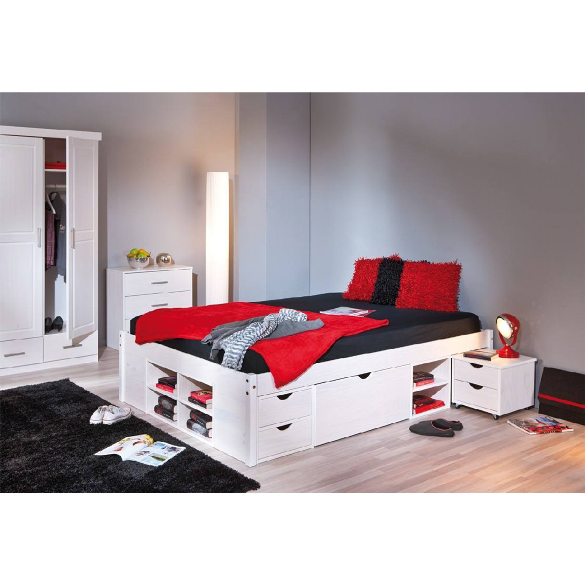 Letto con vani contenitore e comodino c/ruote, bianco Saldi invernali vista7