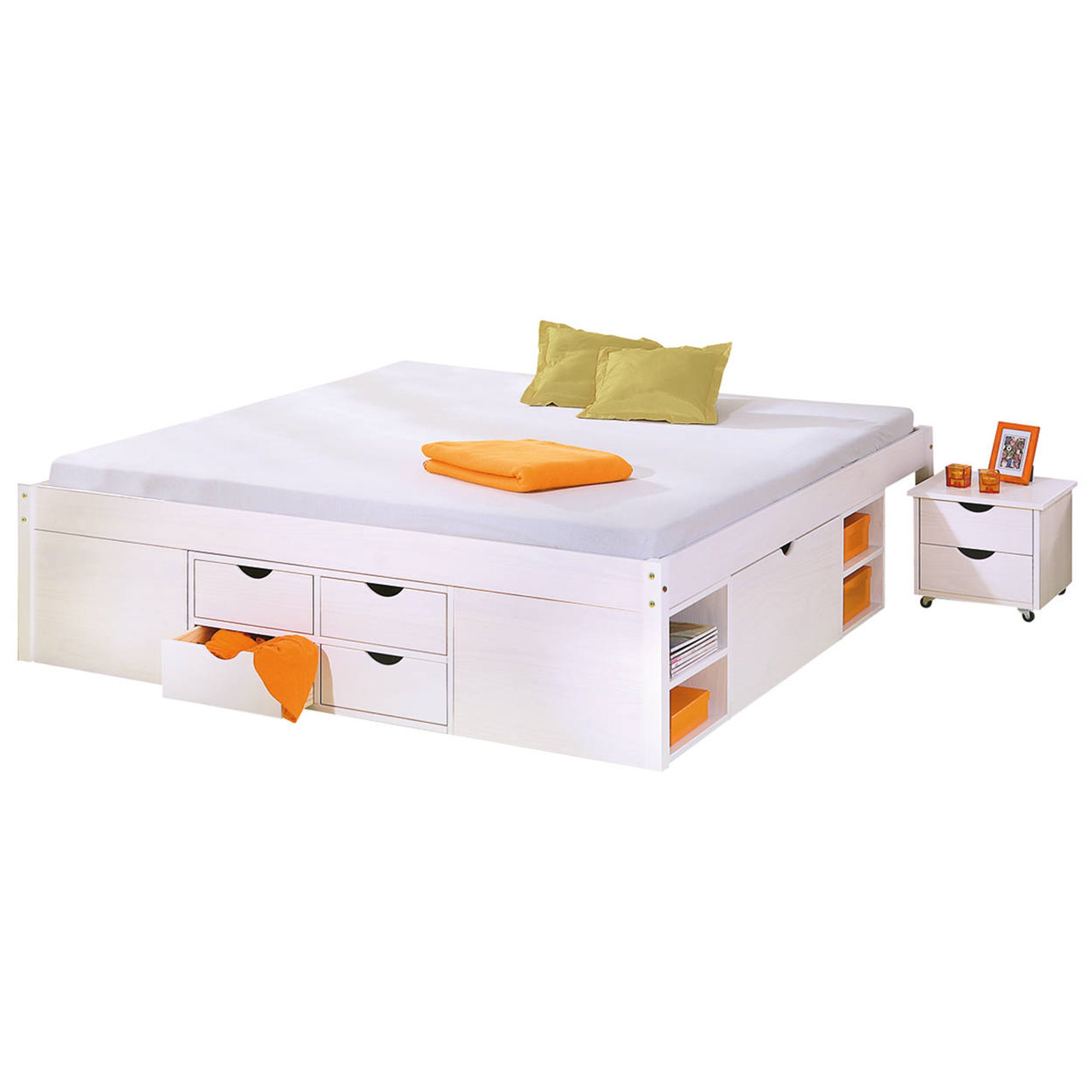 Letto con vani contenitore e comodino c/ruote, bianco Saldi invernali vista0