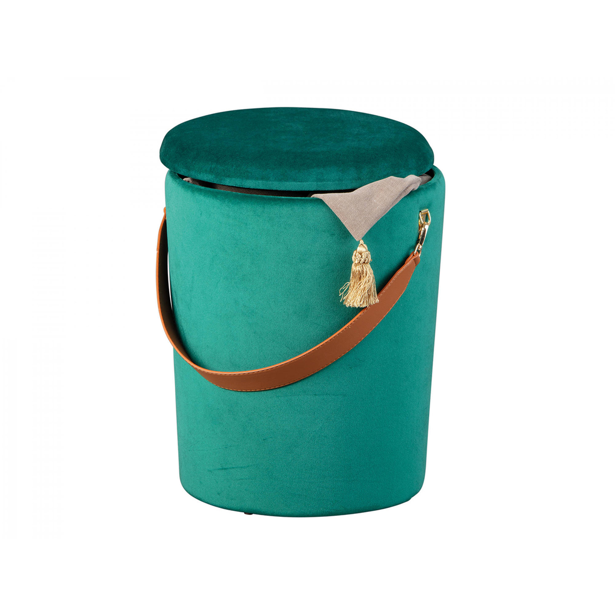Pouf secchiello contenitore in velluto e maniglia in ecopelle, colore verde, cm 35x35x45 Saldi invernali vista1