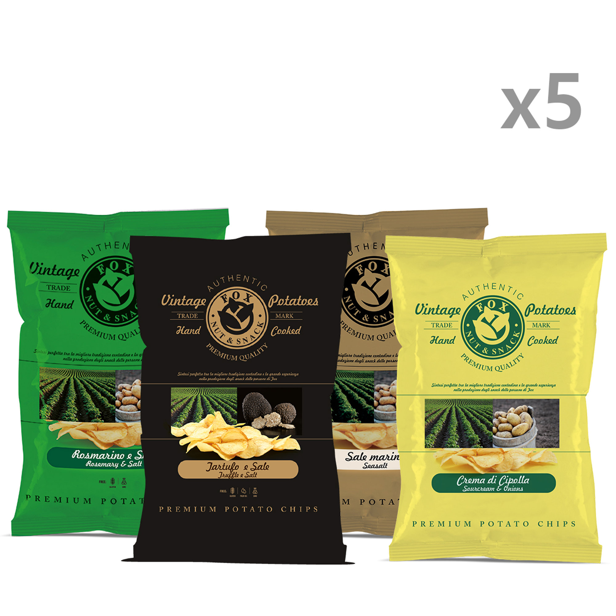 20 pacchetti misti Vintage Potatoes 40 gr: 5 Rosmarino - 5 Tartufo - 5 Sale Marino - 5 Cipolla Fox Italia vista0
