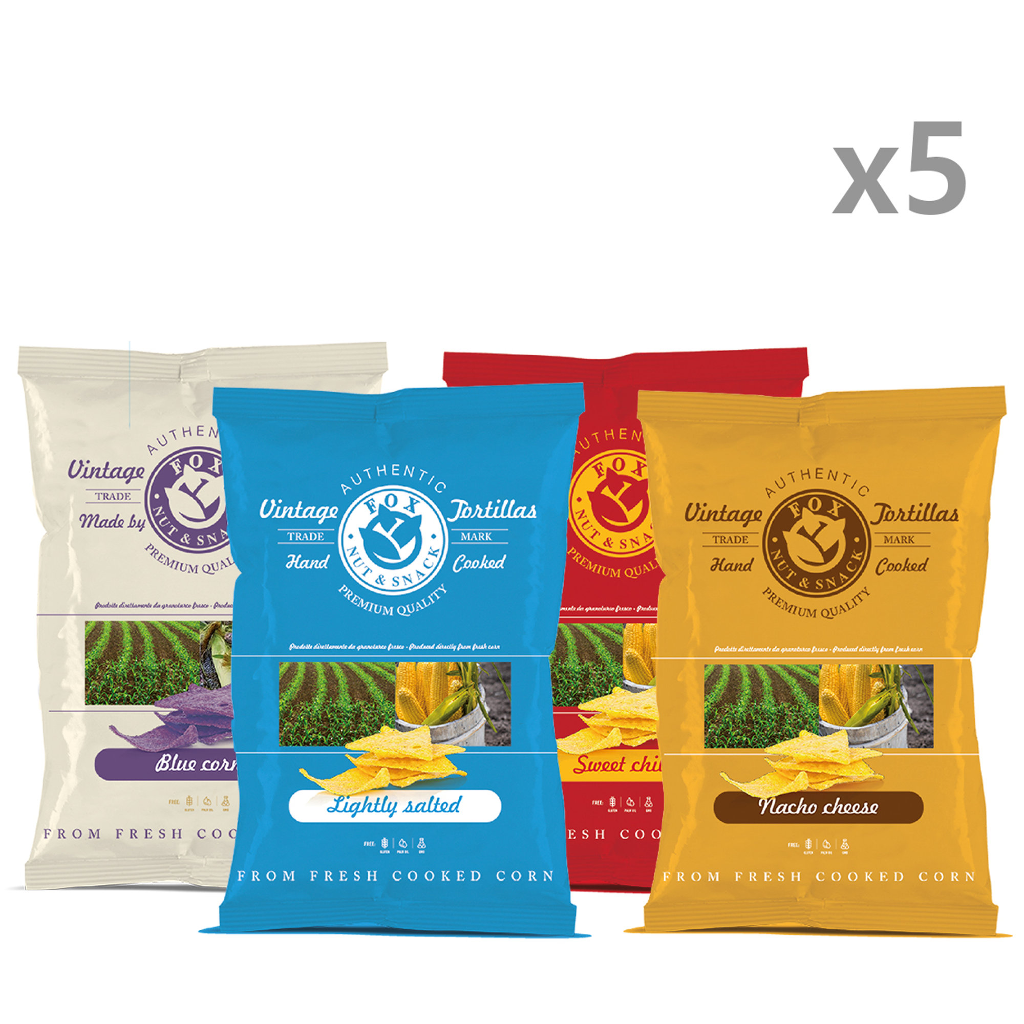 20 pacchetti misti Tortilla Chips 40 gr: 5 Mais Blu - 5 Naturali - 5 Chili - 5 Formaggio Fox Italia vista0