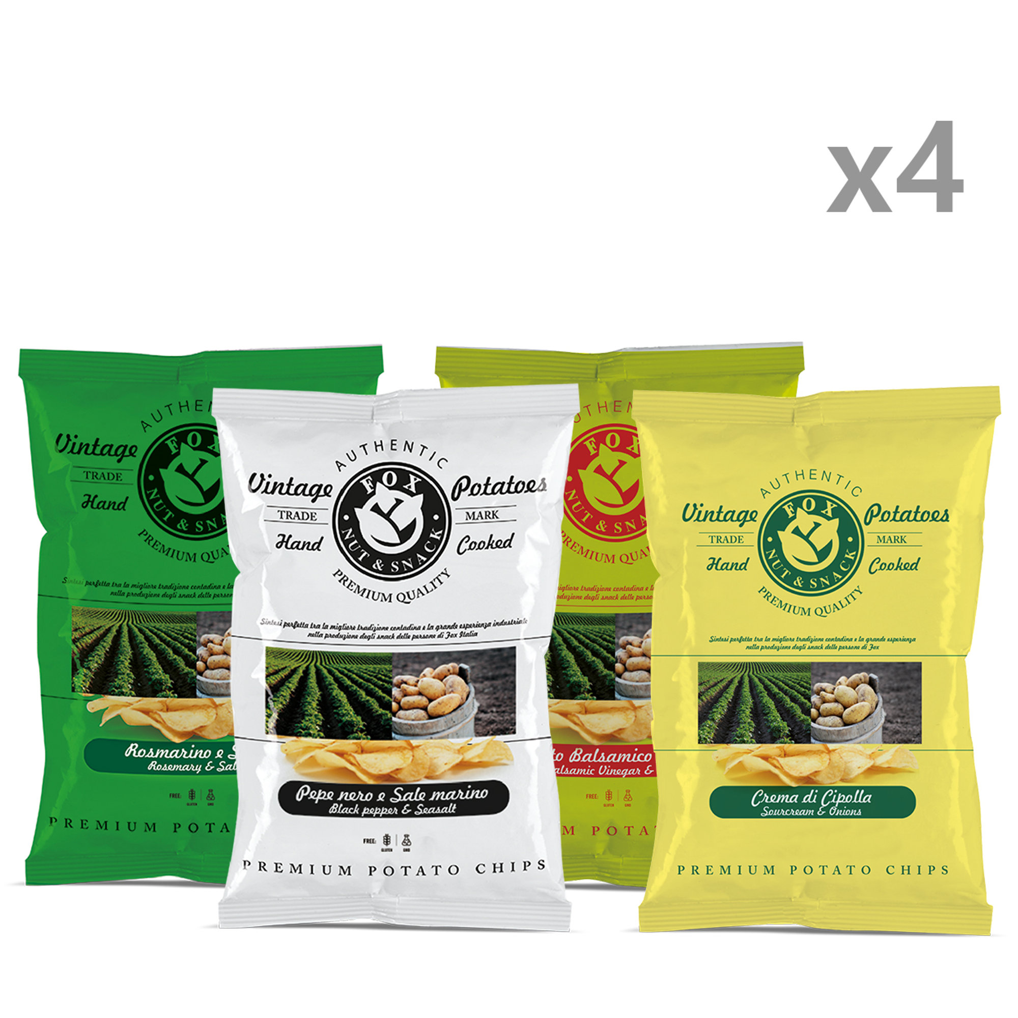 16 pacchetti misti Vintage Potatoes 300 gr: 4 Rosmarino - 4 Aceto Balsamico - 4 Pepe Nero - 4 Crema di Cipolla Fox Italia vista0
