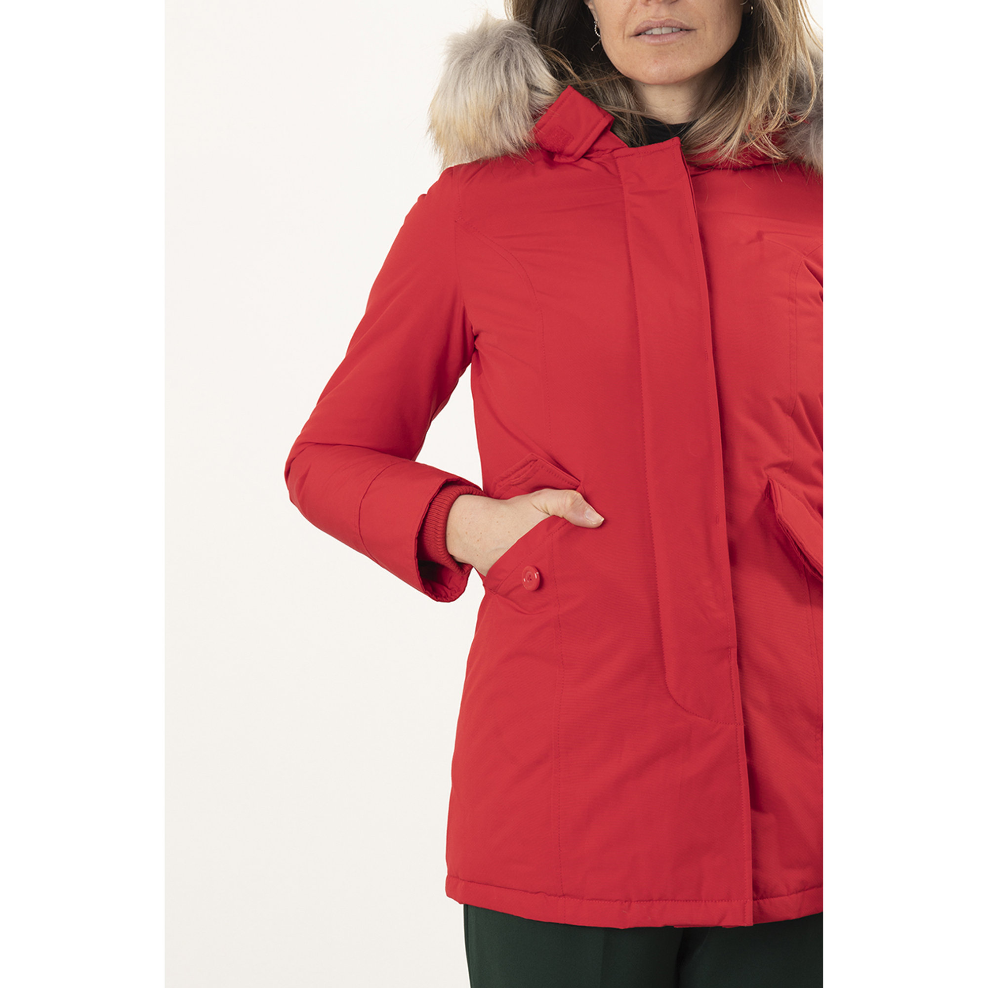 Giacca con cappuccio bordato da eco pelliccia rosso Canadian vista4