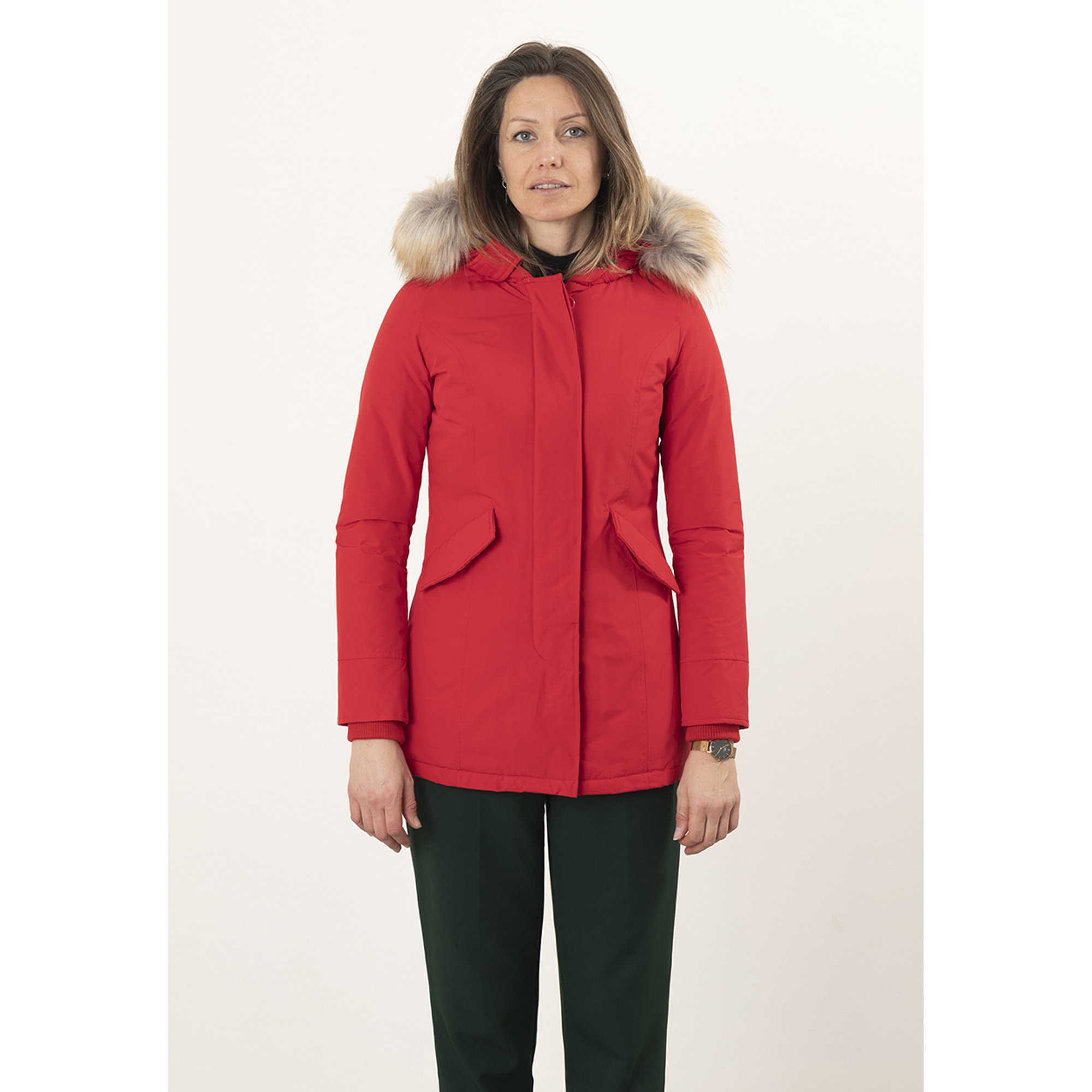 Giacca con cappuccio bordato da eco pelliccia rosso Canadian vista0