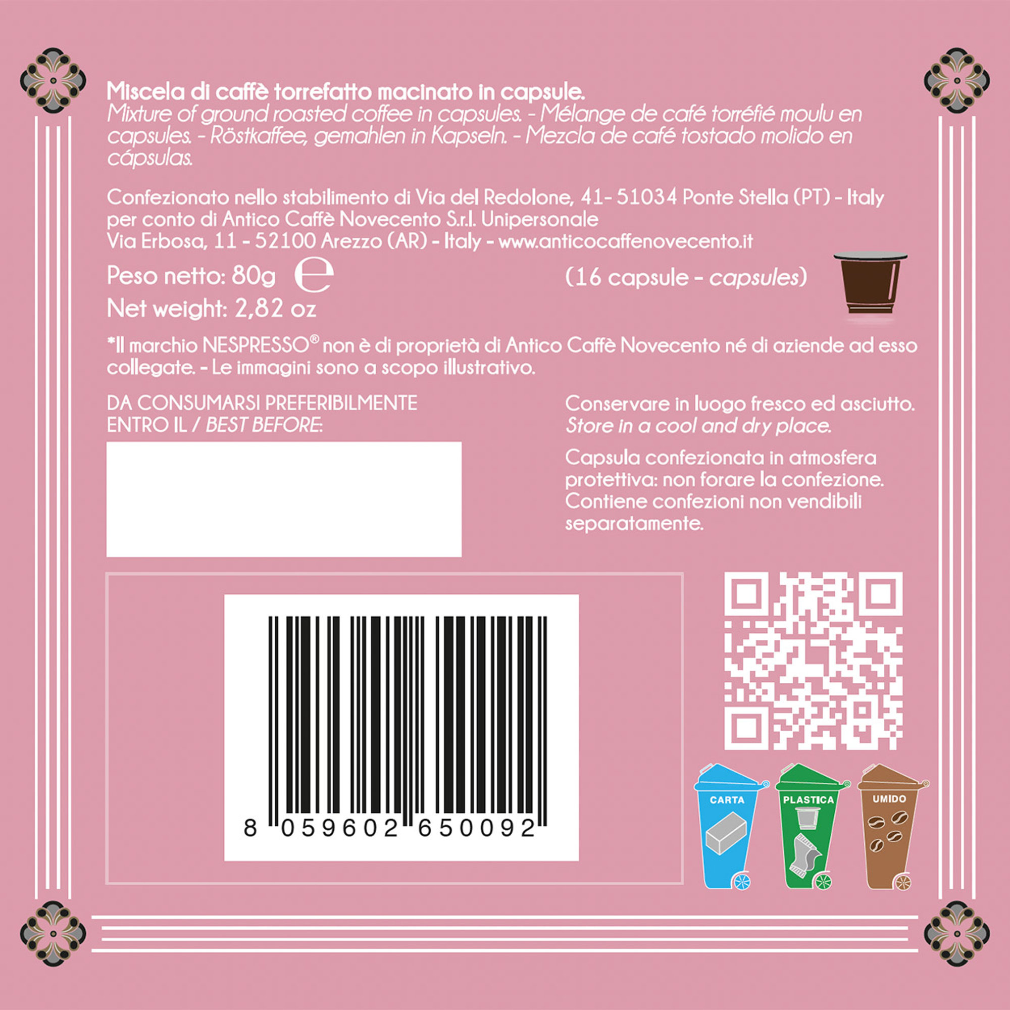 4 boîtes de 16 capsules - Mélange d'espresso Vanessa italien de luxe en capsules compatible avec le système Nespresso® Antico Caffè Novecento vista1