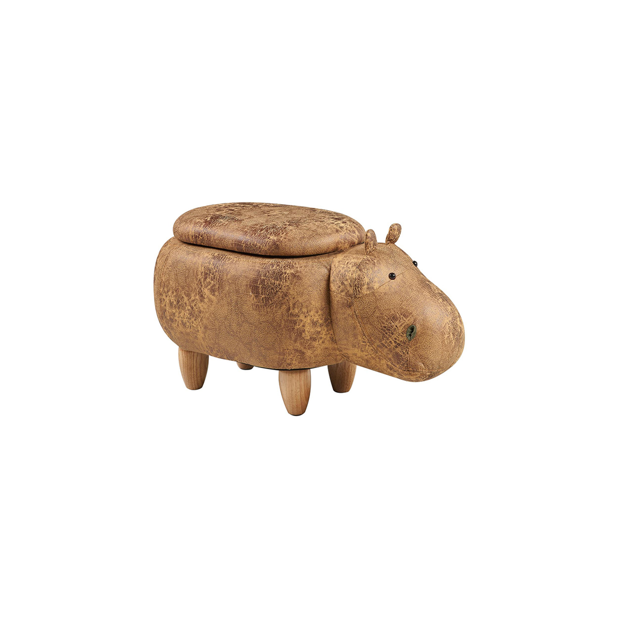 Pouf rembourré en cuir synthétique, bois - hippopotame marron avec récipient Novità Home vista1