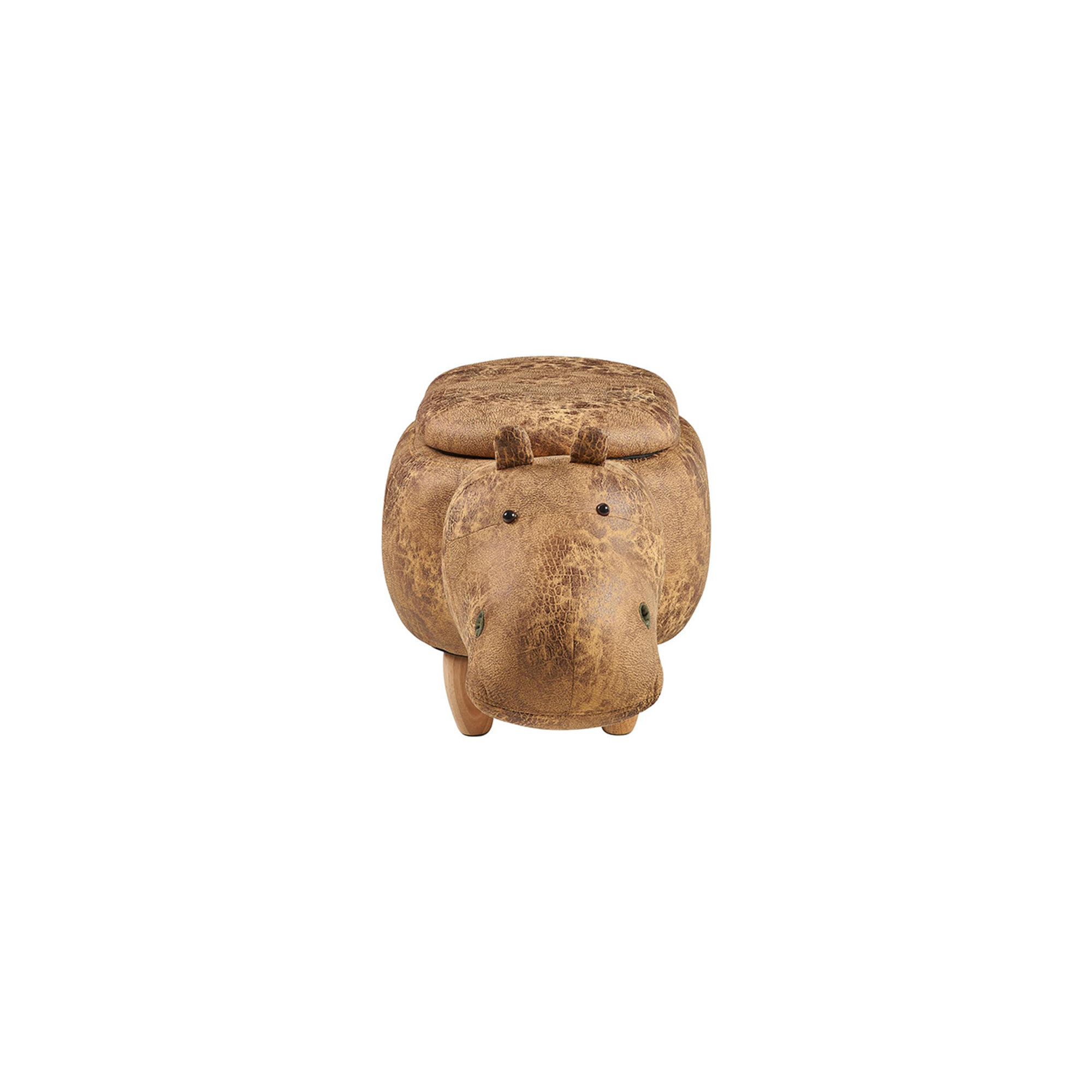 Pouf rembourré en cuir synthétique, bois - hippopotame marron avec récipient Novità Home vista2