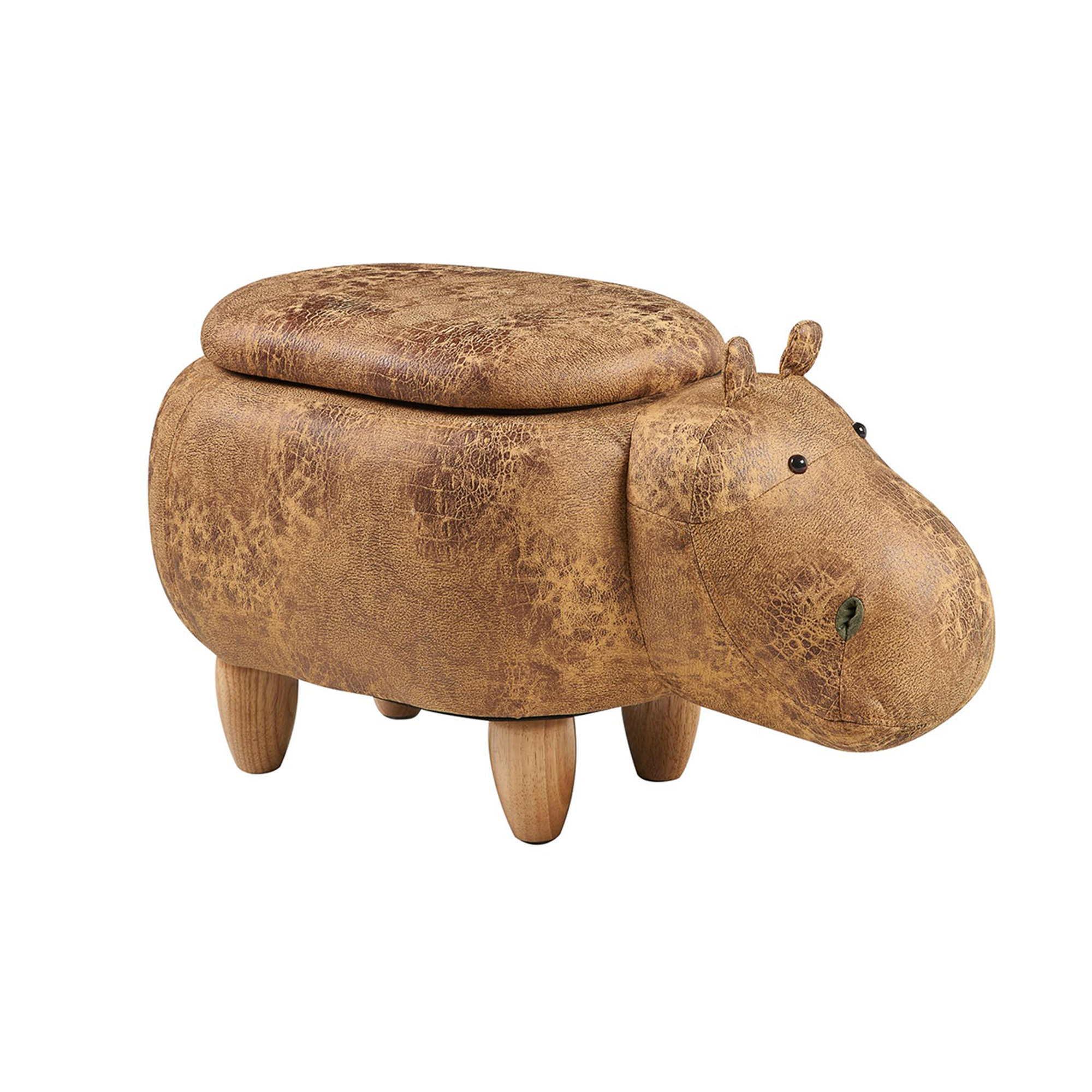 Pouf rembourré en cuir synthétique, bois - hippopotame marron avec récipient Novità Home vista0