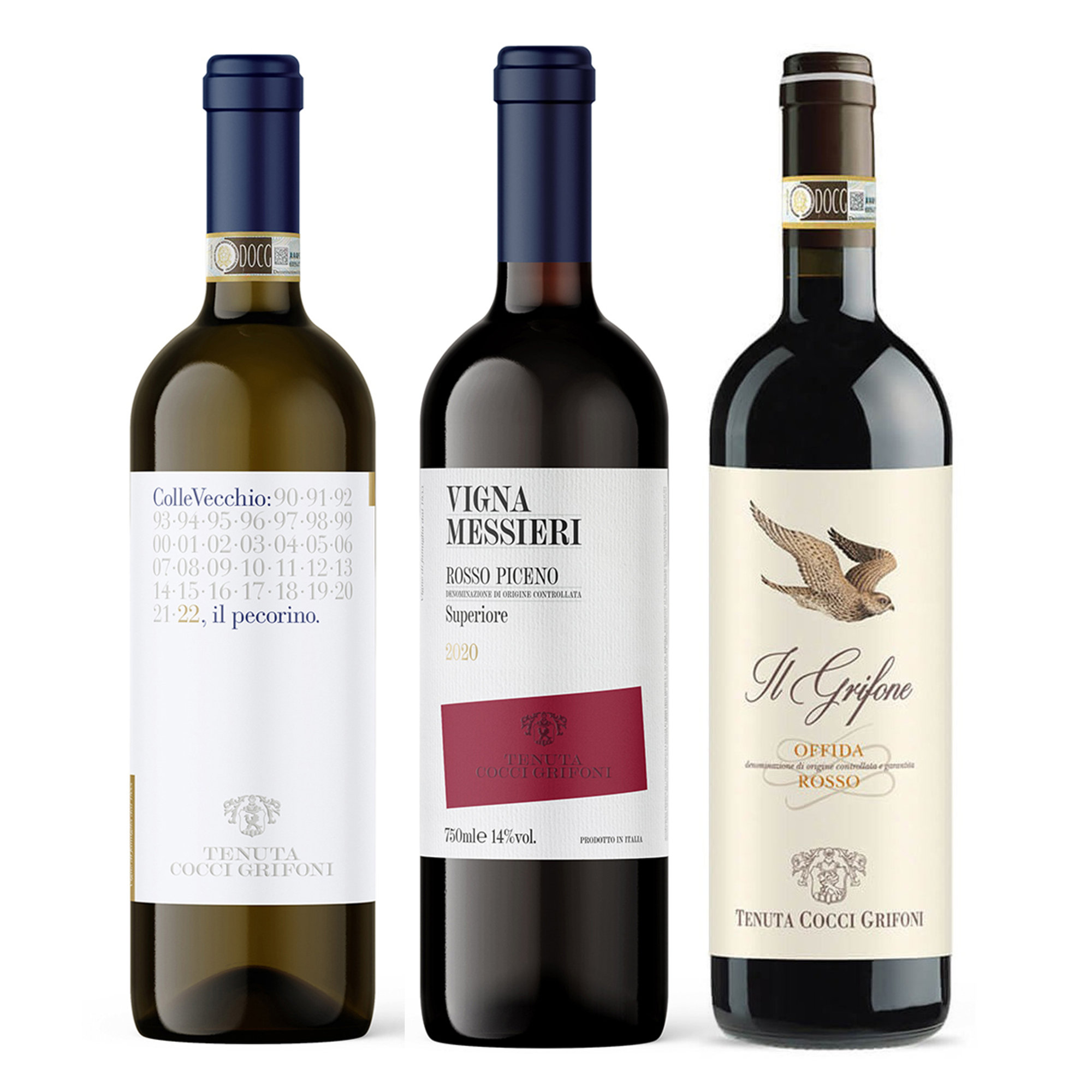 3 bottiglie miste: "Vigne Storiche" Colle Vecchio Offida DOCG Pecorino - Vigna Messieri Rosso Piceno DOC Superiore - Il Grifone Offida DOCG Rosso Cocci Grifoni vista0