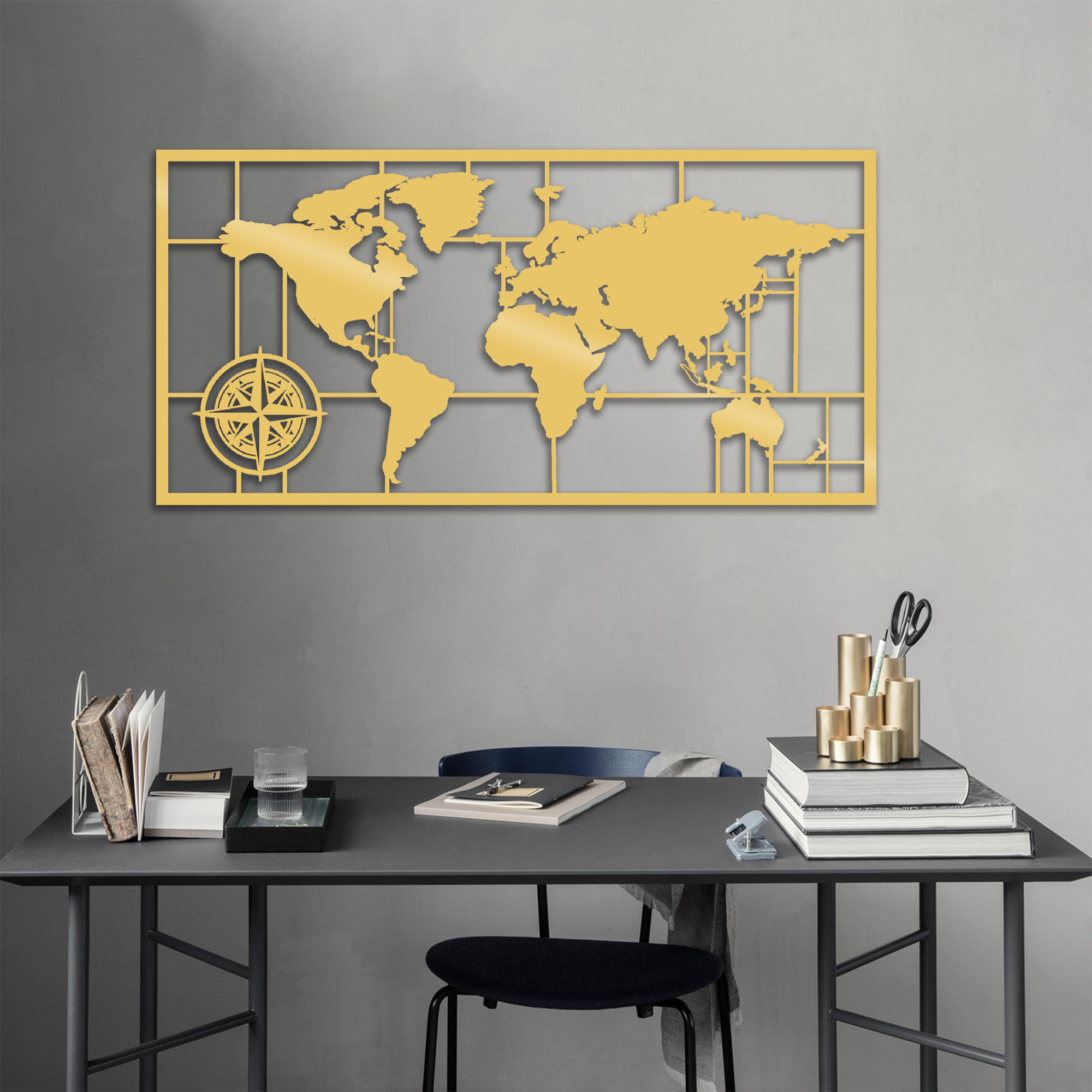 World Map Metal Decor 7 - Accessoire mural décoratif en métal doré Wallity vista0
