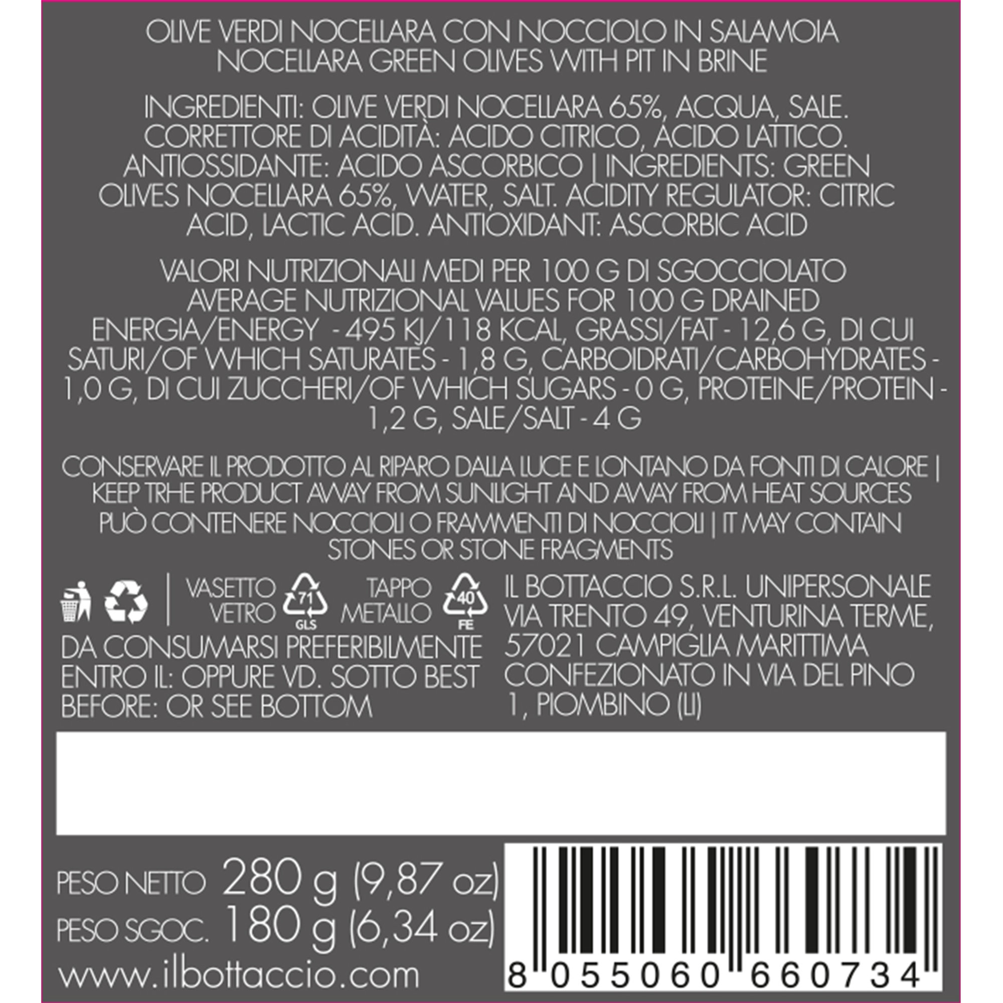  Olive Verdi Nocellara in salamoia da 280 gr Il Bottaccio vista1