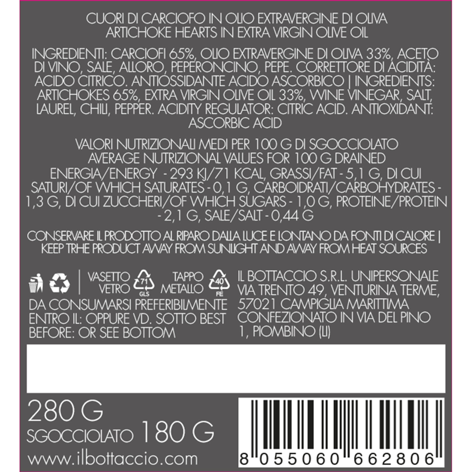 Cuori di Carciofo in olio extravergine 280 gr Il Bottaccio vista1