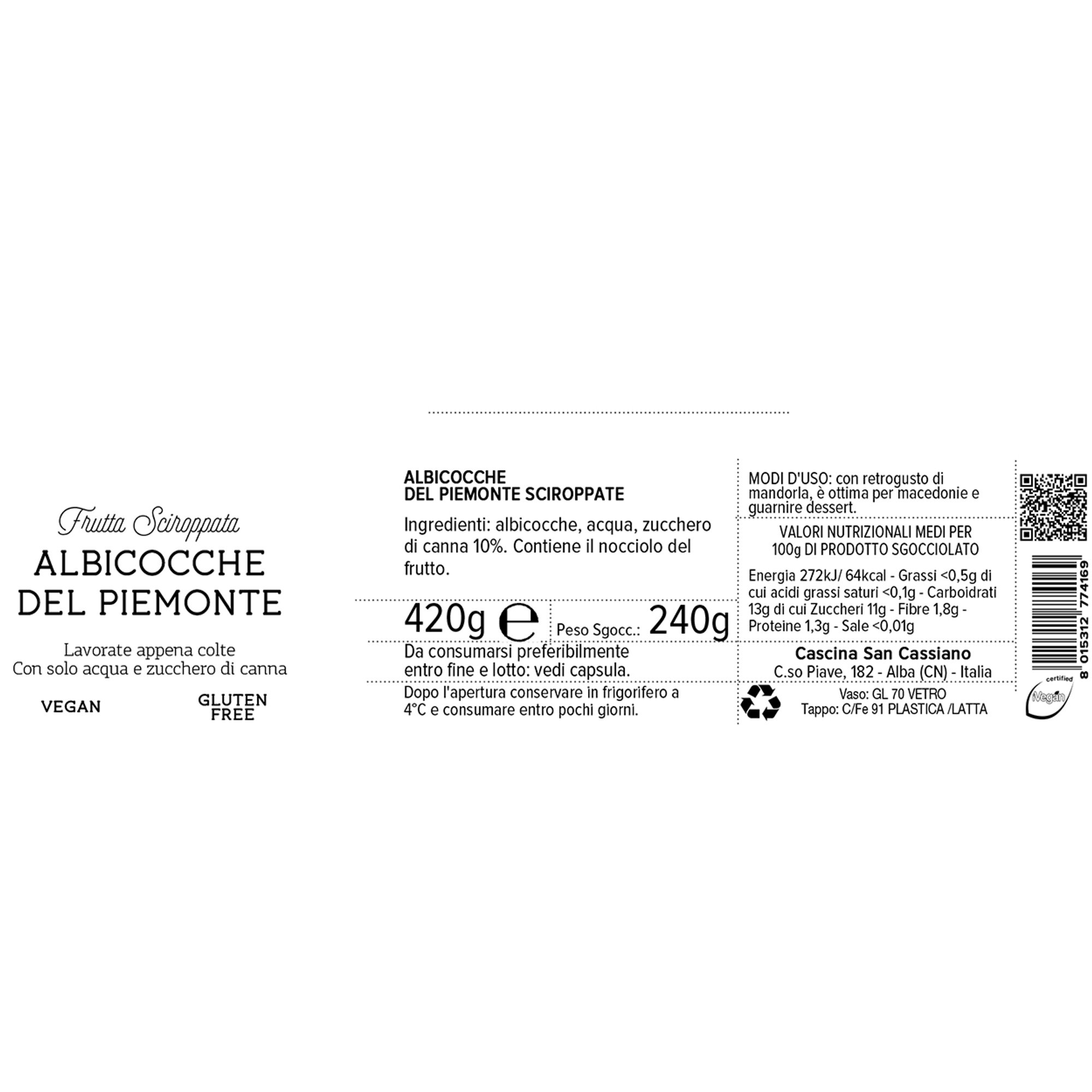 Albicocche Sciroppate del Piemonte 420 gr Cascina San Cassiano vista1