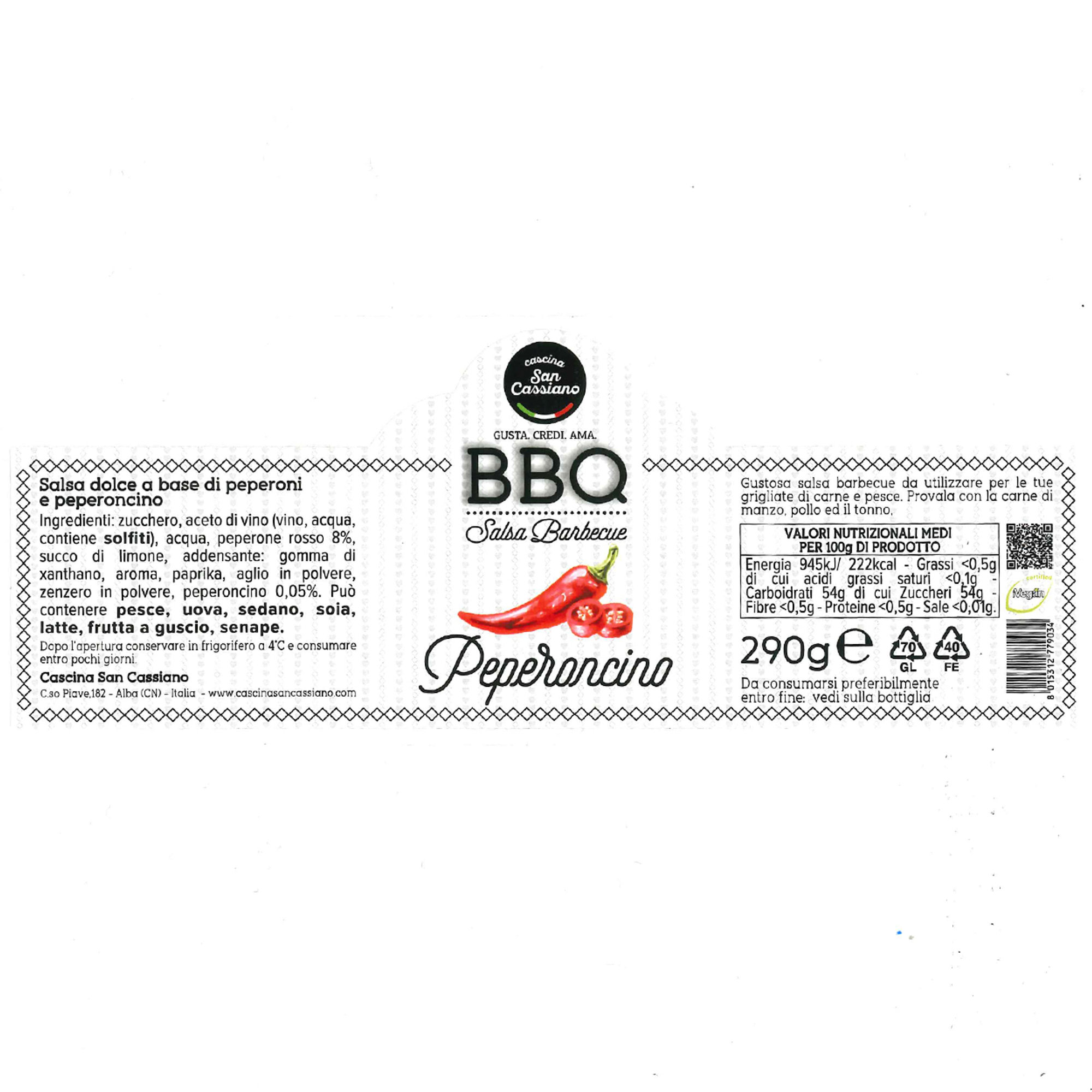 6 vasetti misti BBQ 290 gr: 2 BBQ1 Arancia e Pomodoro - 2 BBQ4 Grill (pomodoro e spezie) - 2 BBQ5 Peperoncino e Peperoni Cascina San Cassiano vista6