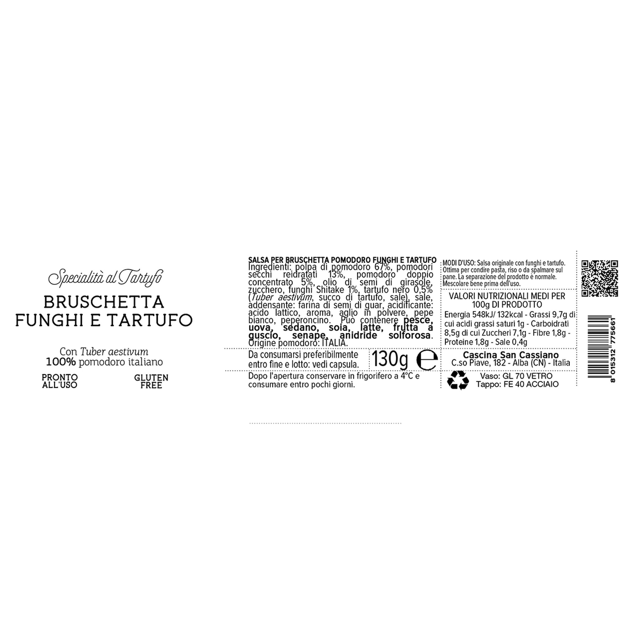 6 blandade burkar: 2 Kräm Parmigiano Reggiano och Tryffel 150 gr - 2 Bruschetta Tomat, Svamp och Tryffel 130 gr - 2 Pesto Svamp och Tryffel 130 gr Cascina San Cassiano vista4