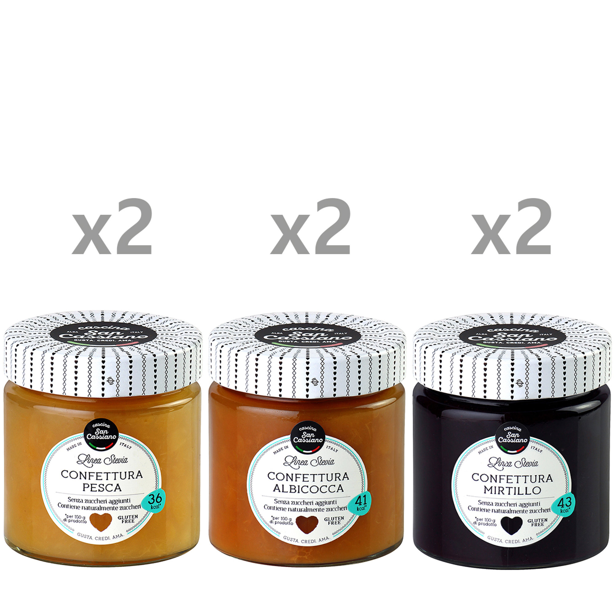 6 gemengde potjes Confituur Stevia 200 gr: 2 Perzik - 2 Abrikoos - Bosbes Cascina San Cassiano vista0