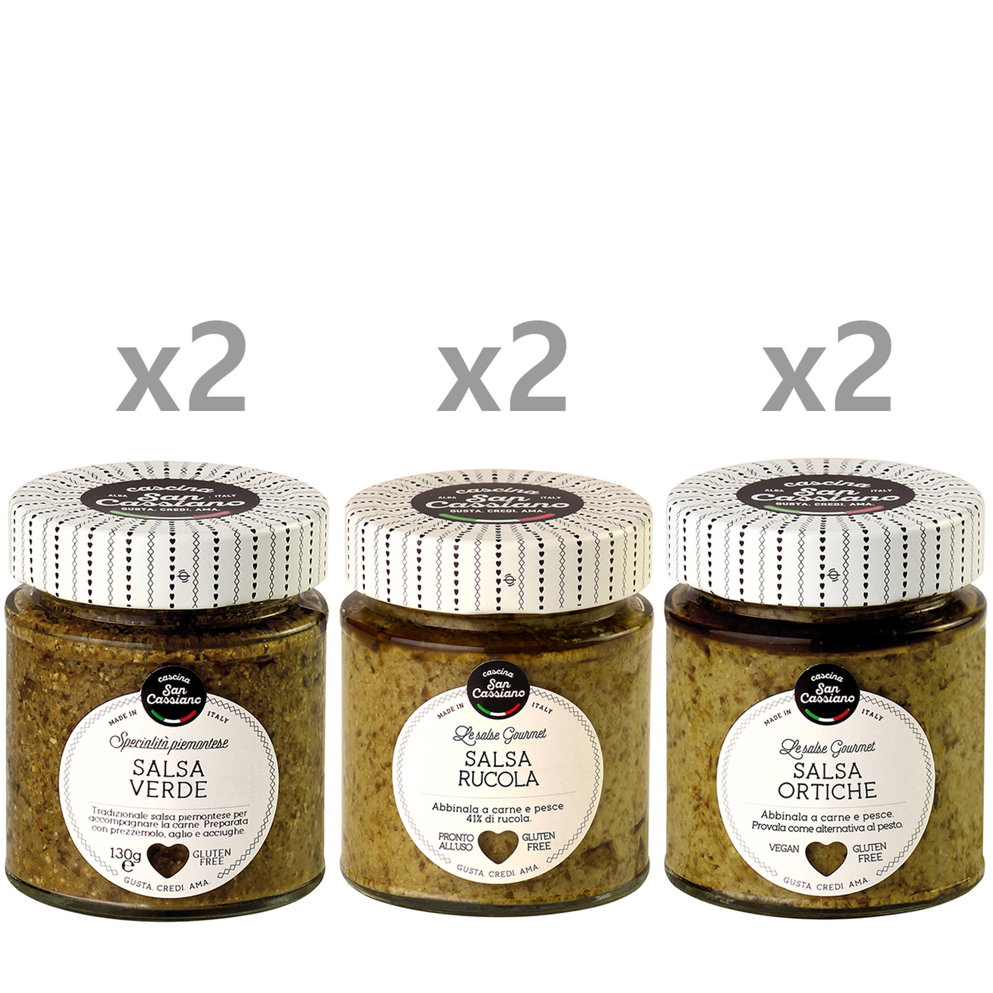 6 gemischte Saucengläser 130 g: 2 Piemonteser Grüne Sauce - 2 Rucolasauce - 2 Brennnesselsauce Cascina San Cassiano vista0
