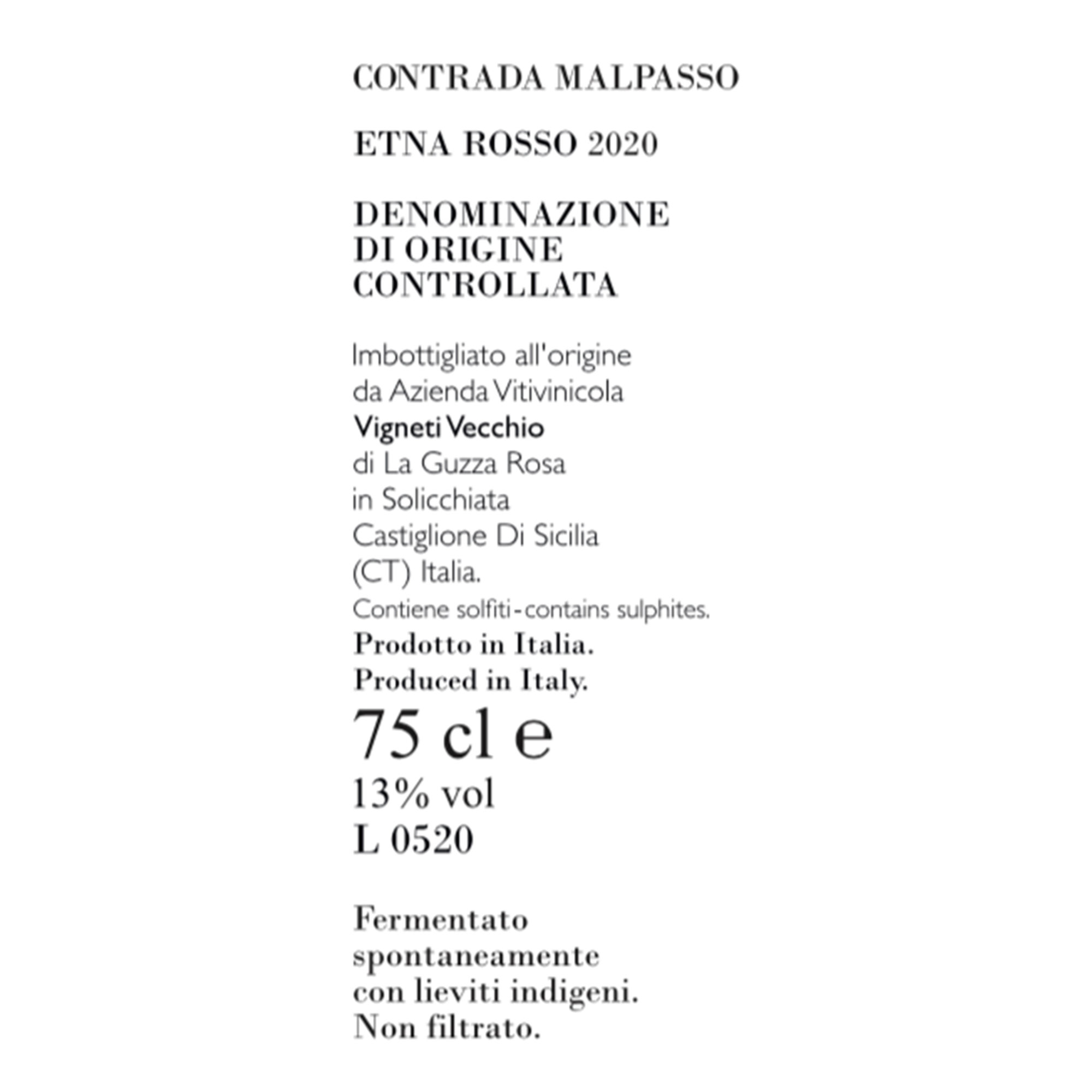 1 bottiglia - Contrada Malpasso Etna Rosso D.O.C. 2020 Vigneti Vecchio vista1