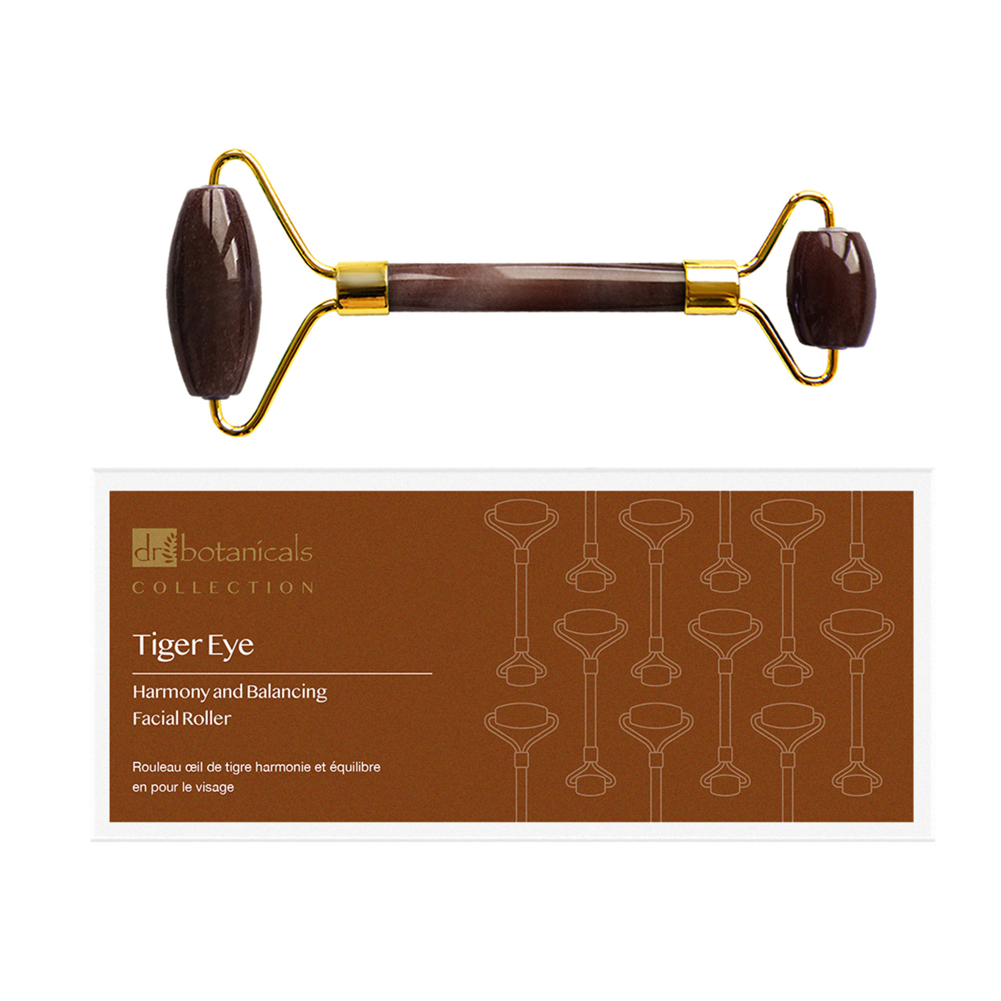 Rullo facciale per armonia e bilanciamento dell'occhio di tigre (manico in metallo dorato) Dr. Botanicals vista15