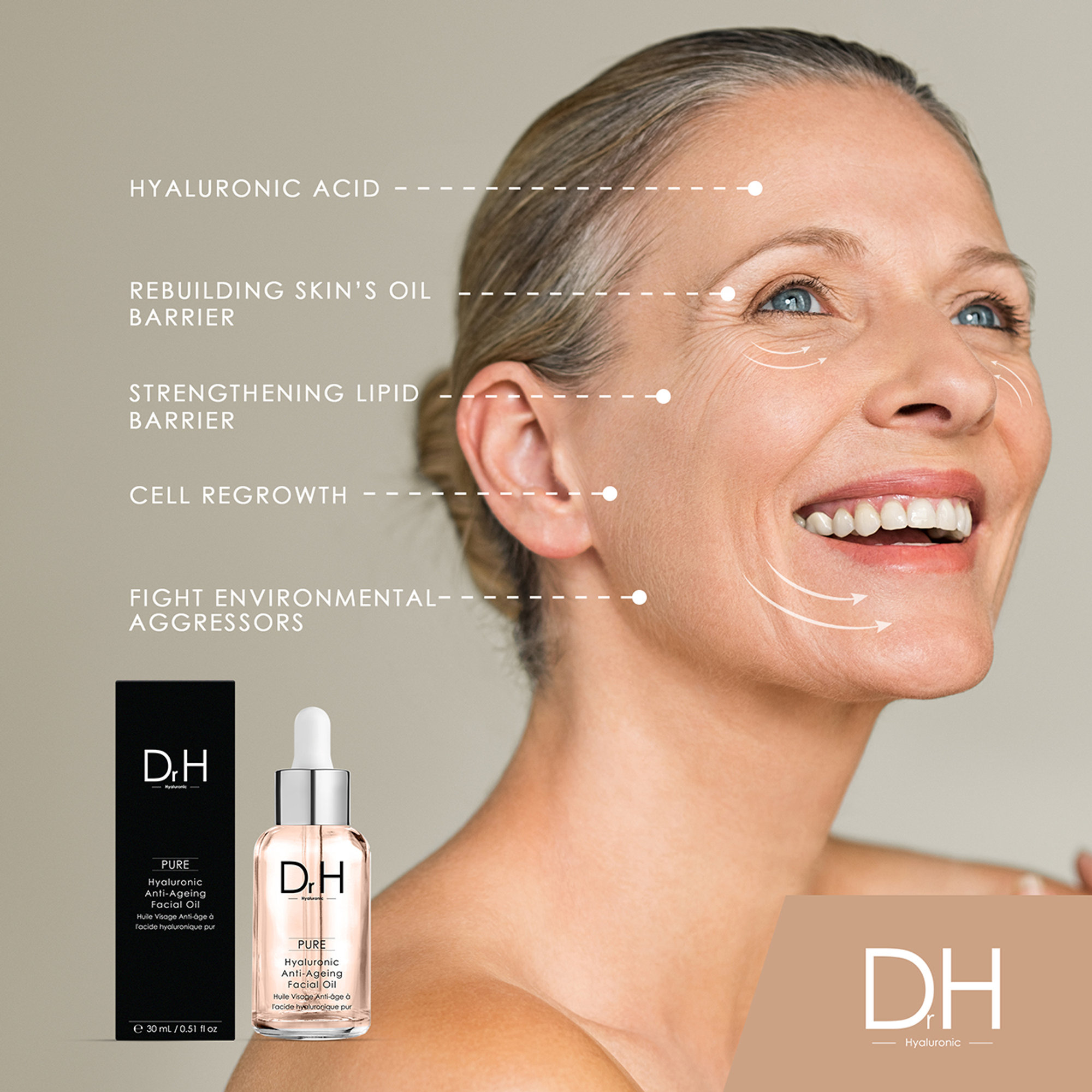 Olio viso anti-età all'acido ialuronico Dr H, 30 ml Skin Chemists vista5